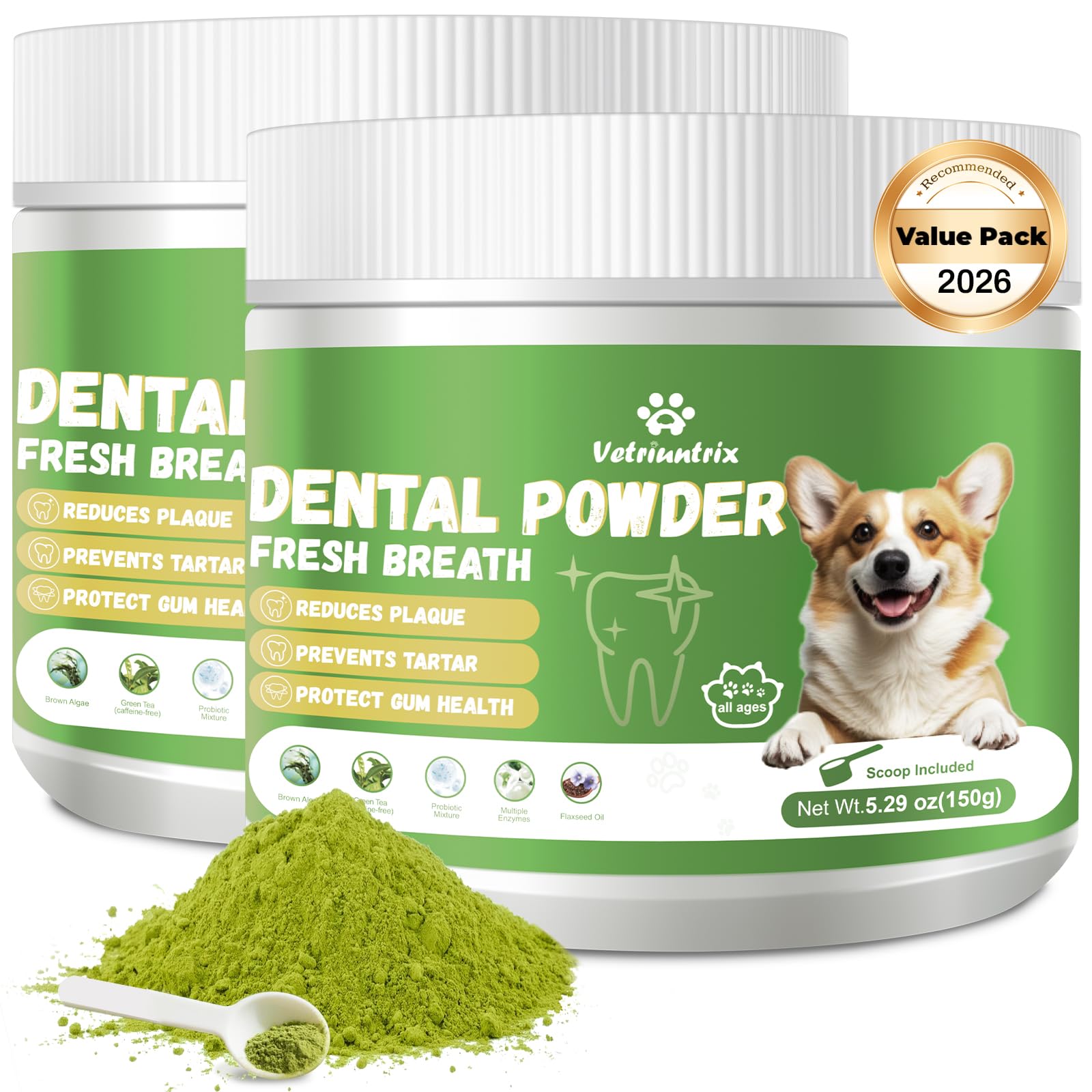 Vetriuntrix Dog Teeth Cleaning Powder, Dental Powder for Dogs Teeth Tartar Remove & Plaque Off, Fresh Breath for Dogs with Natur
