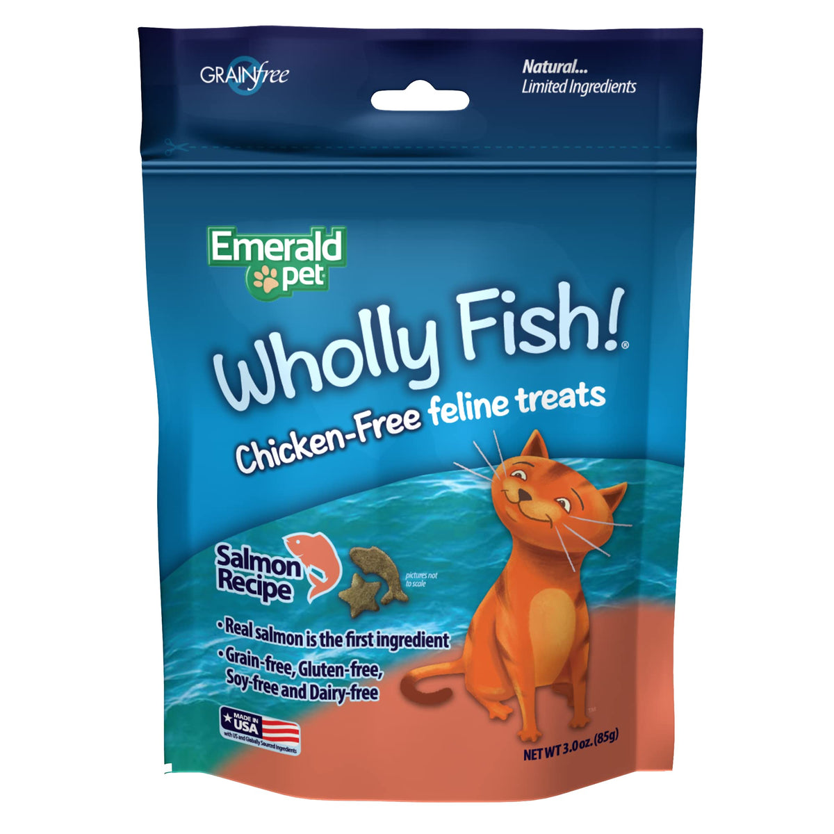 Emerald Pet Wholly Fish! Chicken-Free Feline Treats, Salmon Recipe — Tasty And Crunchy Salmon Cat Treats With Real Salmon — Chicken-Free, Grain Free, Natural Cat Treats — Made In Usa, 3 Oz