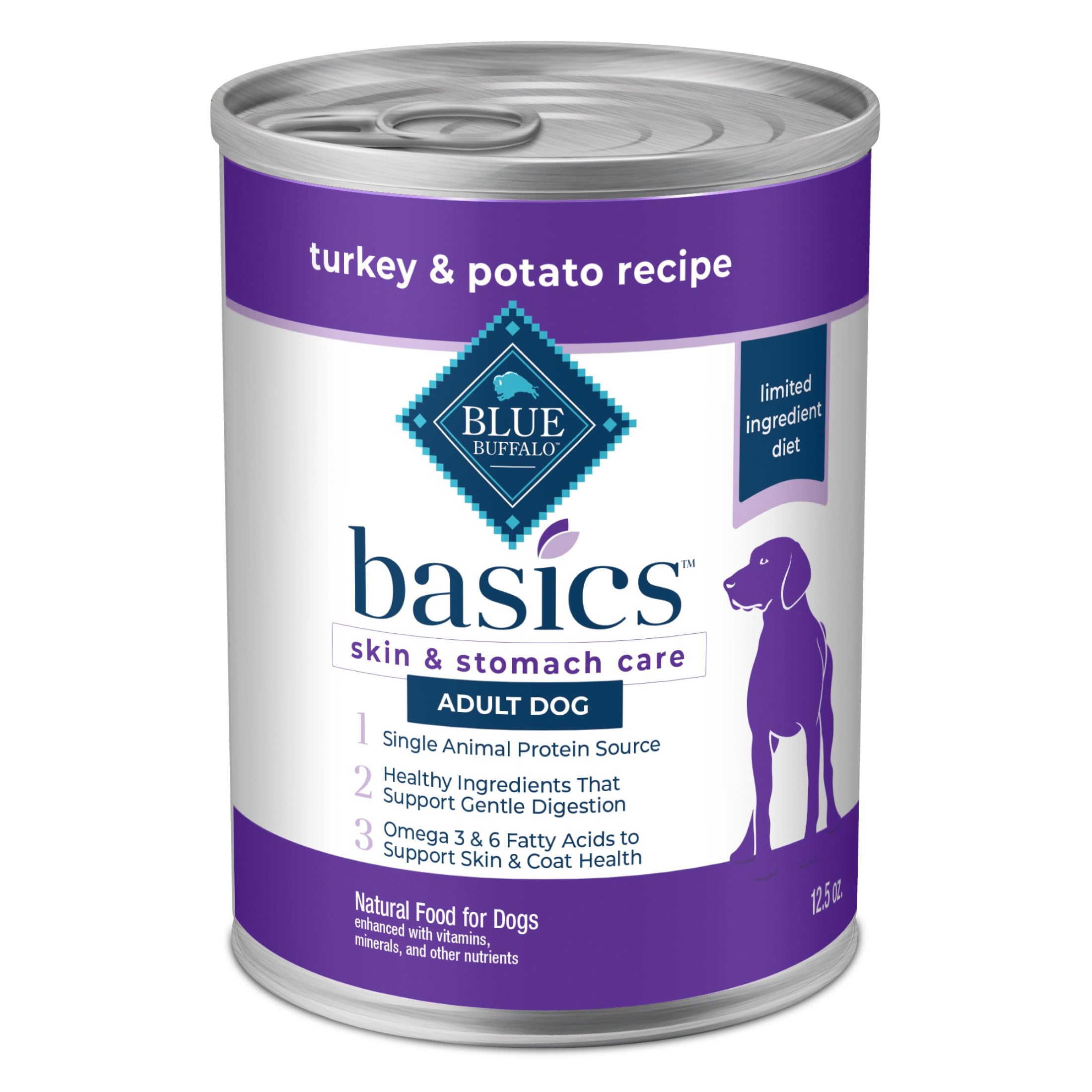 Blue Buffalo Basics Grain-Free Adult Wet Dog Food, Skin & Stomach Care, Limited Ingredient Diet, Turkey Recipe, 12.5-oz Can, 12 