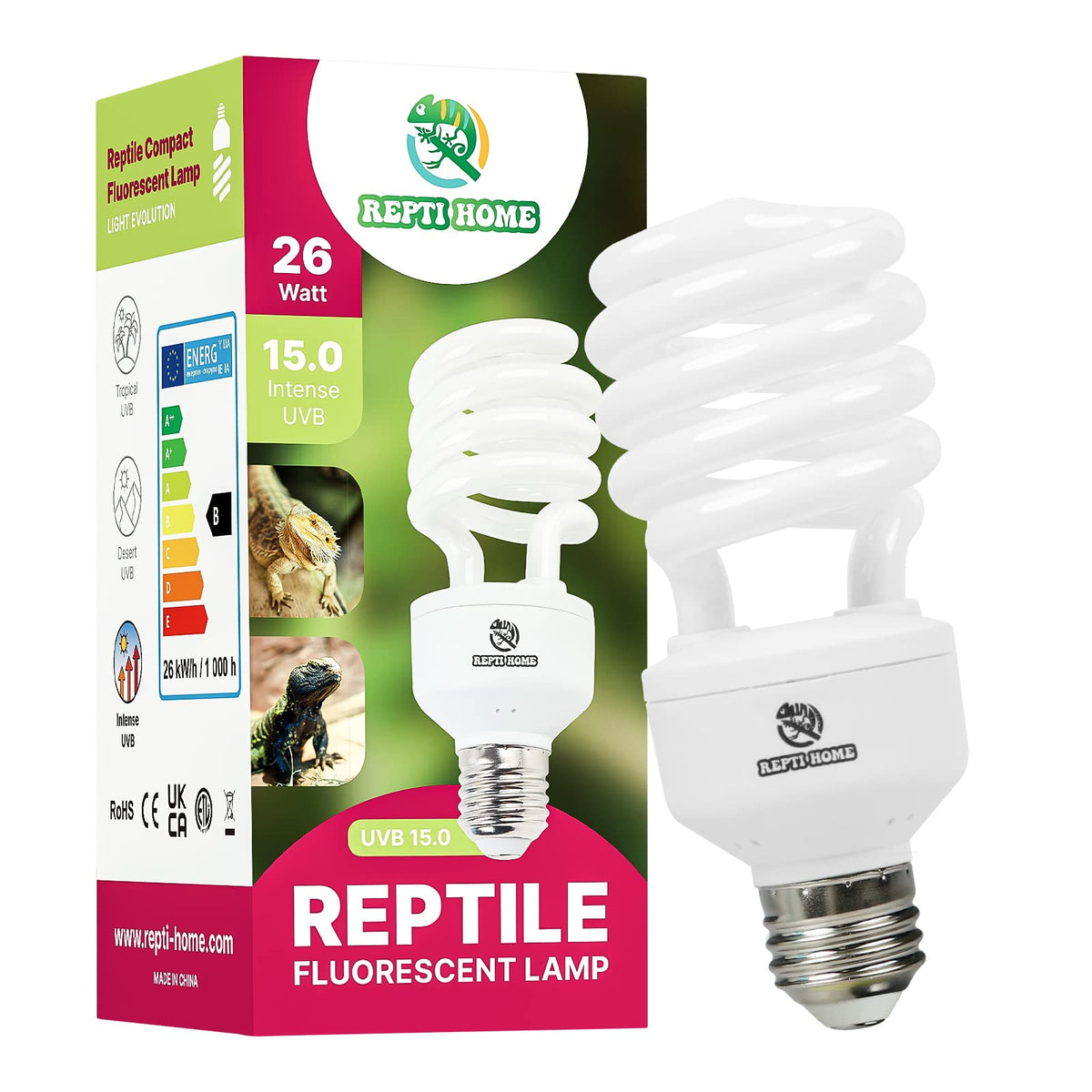 Repti Home Uvb Reptile Light 15.0, 26W Intense Uva Uvb Bulb For Reptiles, Terrarium Compact Fluorescent Lamp, Reptile Uvb Light Bulb For Desert Reptiles & Amphibians