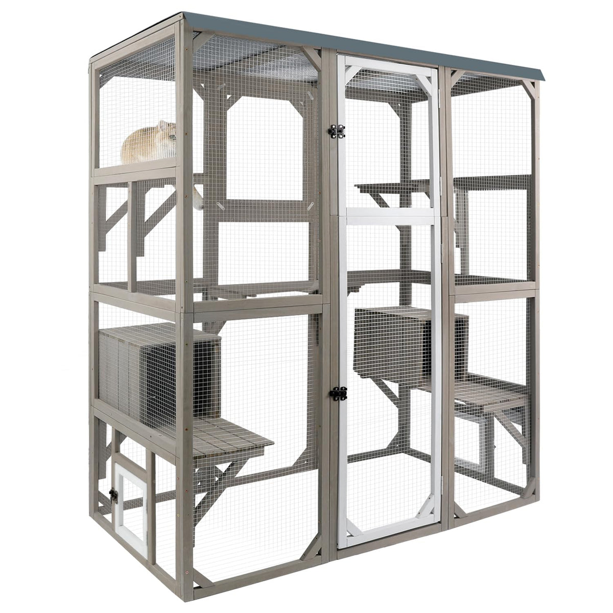 Petscosset Outdoor Cat Catio Enclosures Large Wooden Cat House Patio For Indoor Cats Feral Cat Shelter With 2 Espace Doors, 2 Re