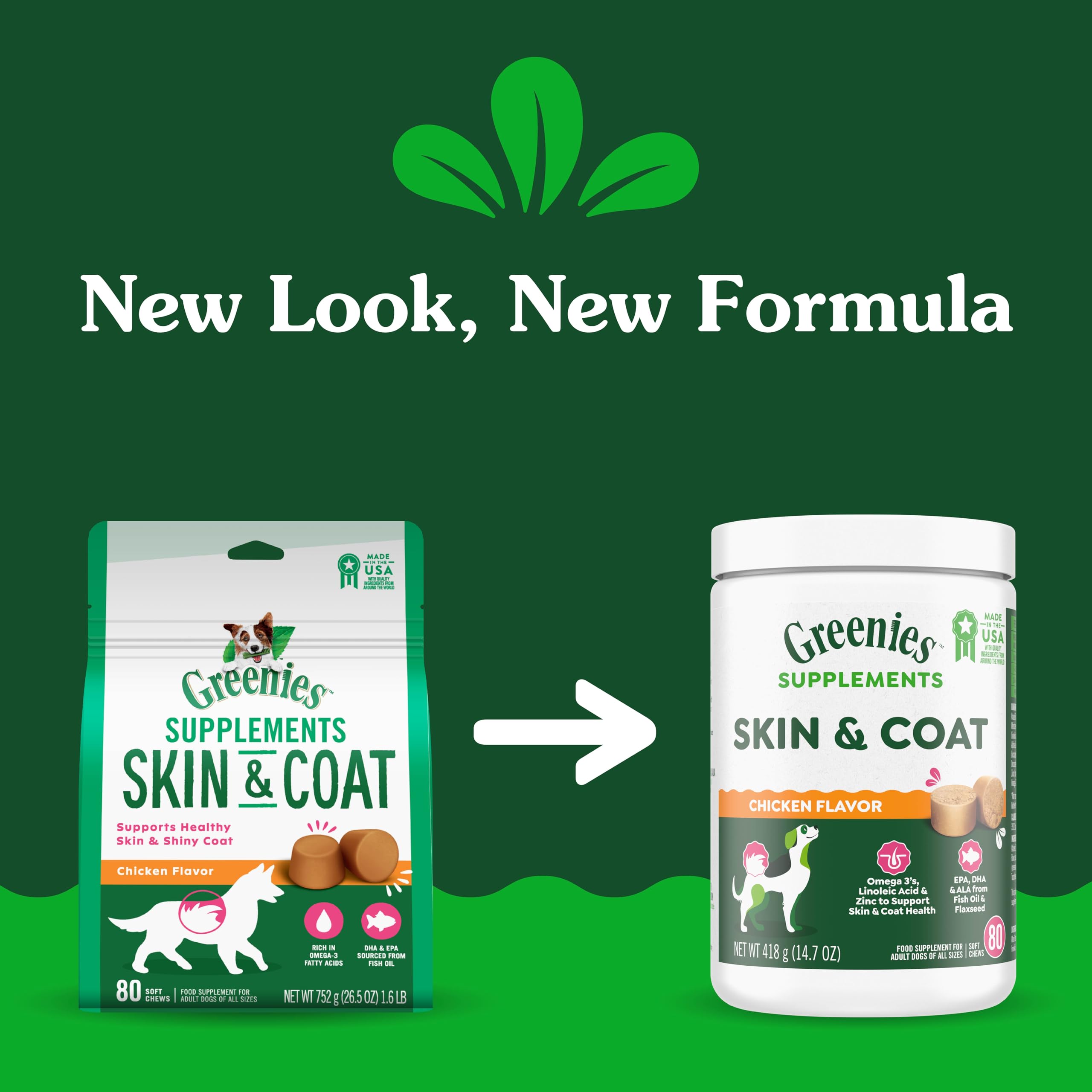 Greenies Supplements Dog Skin and Coat Supplements with Fish Oil & Omega 3 Fatty Acids, Chicken Flavor, 14.7 oz., 80-Count Soft
