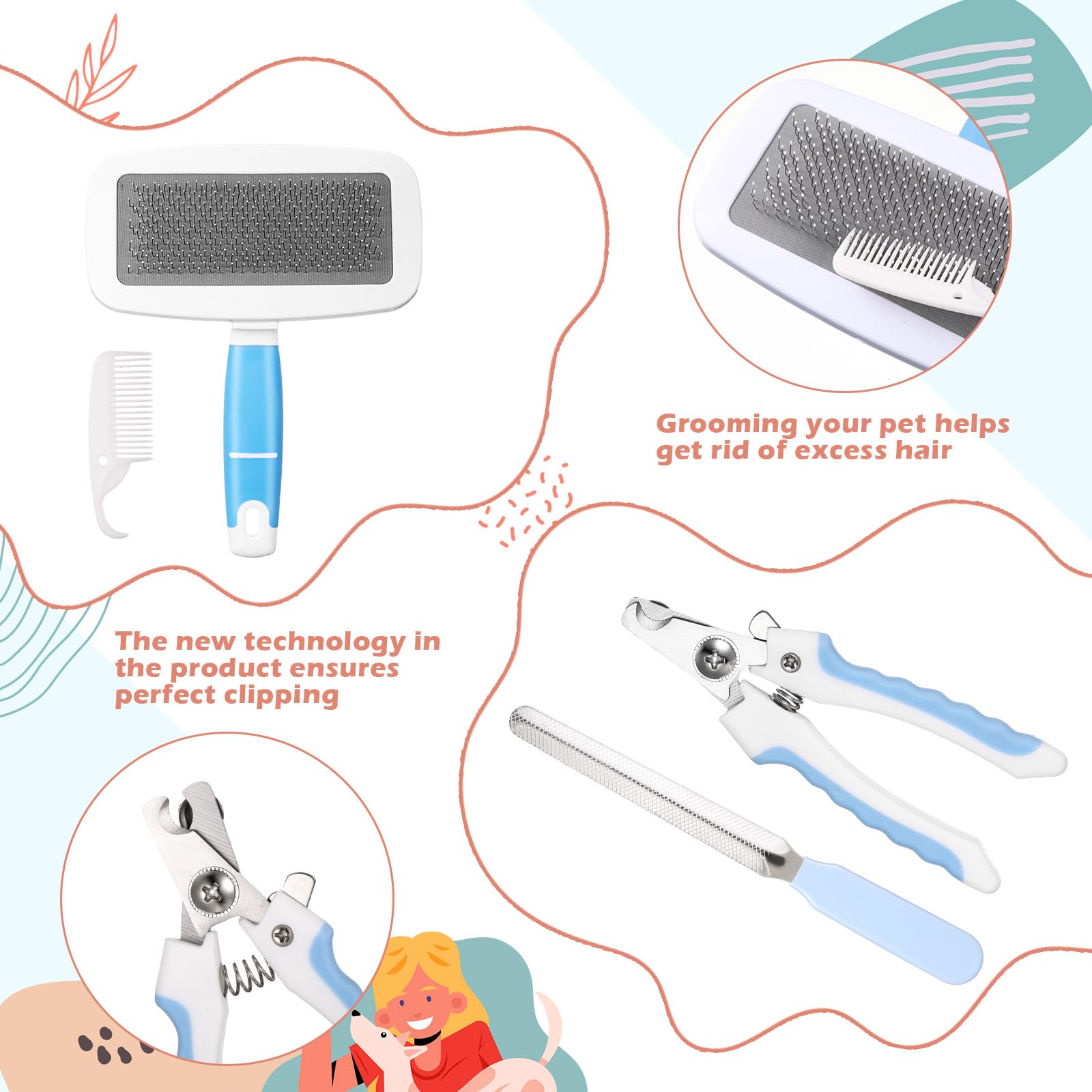 Baderke 6 Pcs Dog Grooming Set With Dog Bathing Leash With Suction Cup, Pin Comb, Straight Comb, Nail Clippers Set, And Bath Bru