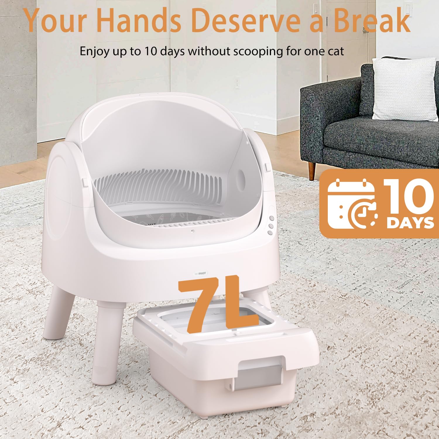 Mimfam Autoscooper 11 Self Cleaning Cat Litter Box, Automatic For Multiple Cats, Open Top, White, Large (24.24 L X 16.32 W X