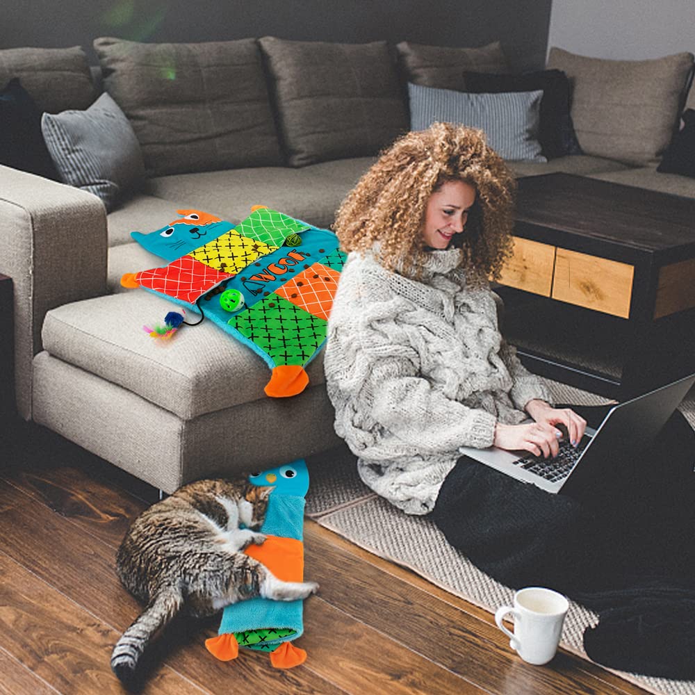 Awoof Cat Mat, Cute Soft Catnip Mat, Cat Activity Mat Machine Washable Catnip Toys Interactive Cat Toys For Indoor Cats, Self-Warming Crinkle Mat Cat Blanket For Small Medium Large Cats With 7 Pockets