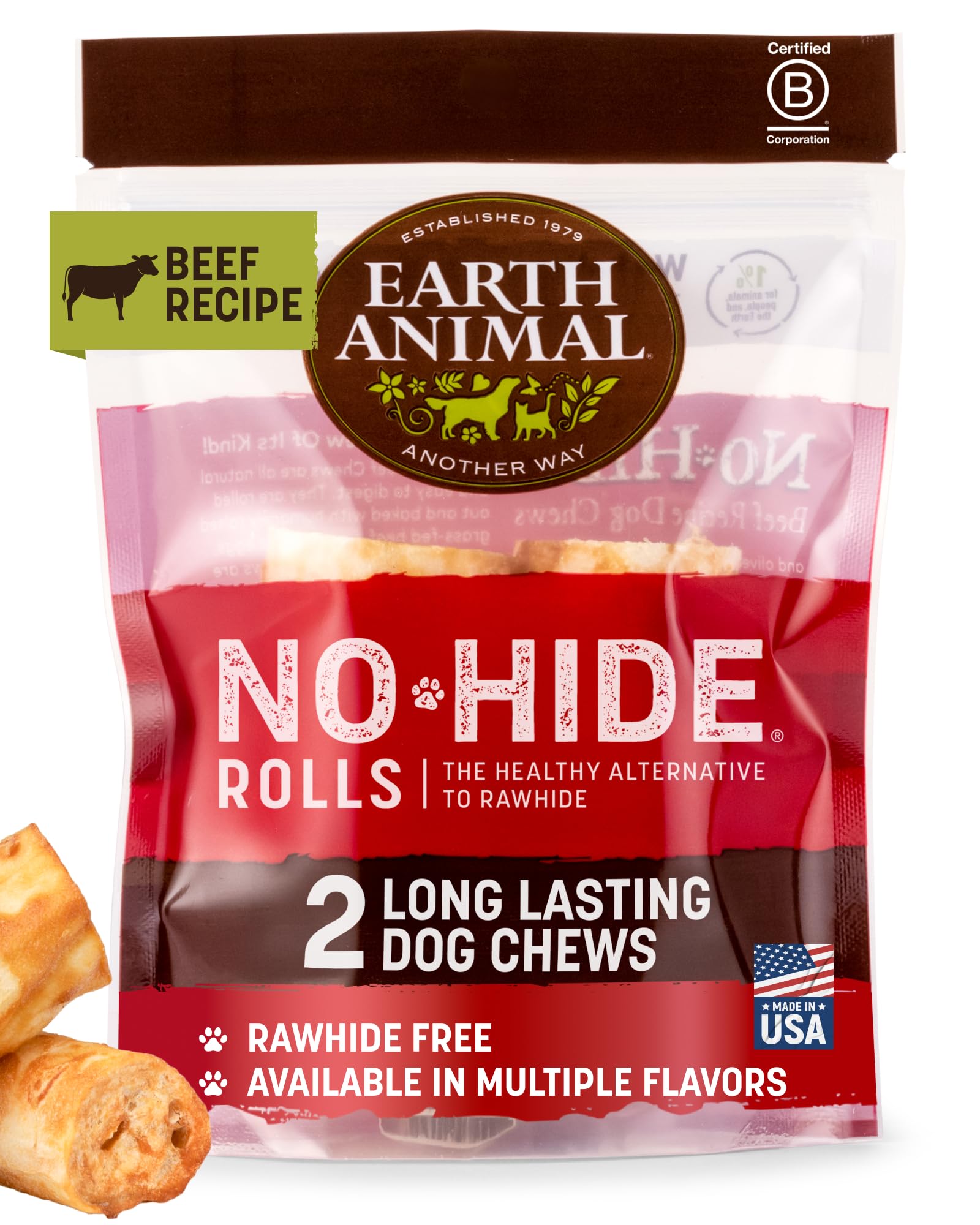 Earth Animal No Hide Small Long Lasting Dog Chew Rolls, Beef - 2 Count