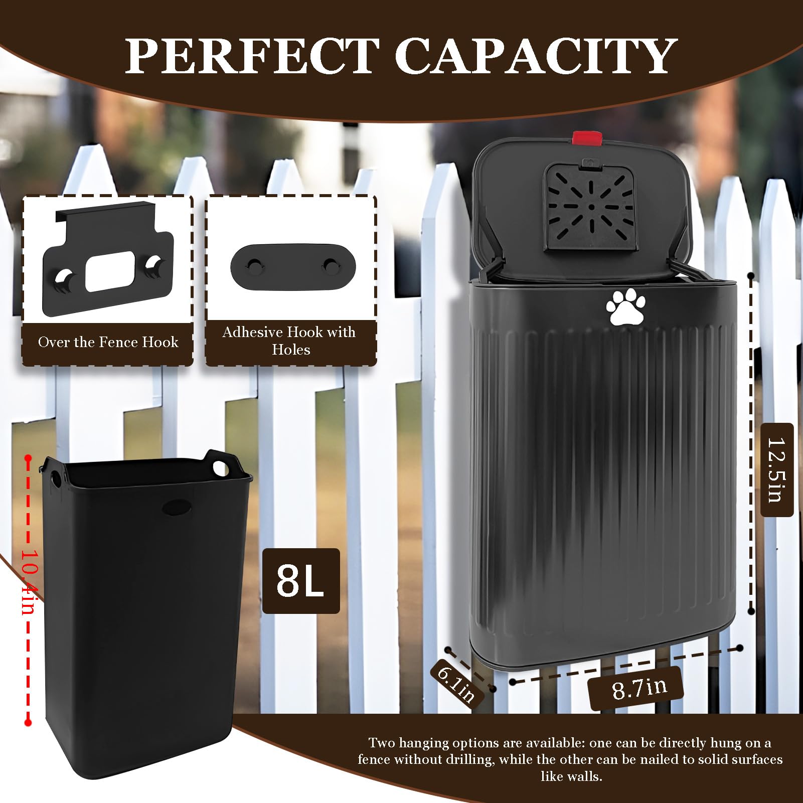 Kopuncare Dog Waste Trash Can Wall Mounted, 2.1Gal Small Outdoor Trash Can With Lid, Hanging On Fence, Dog Poop Bucket With 40 B