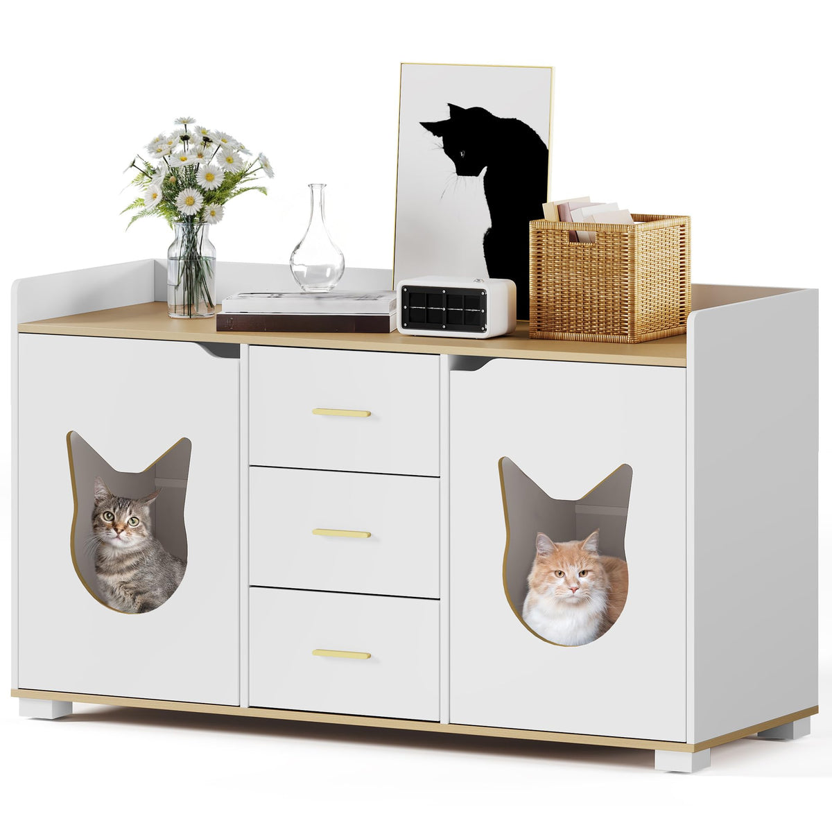 Yitahome Double Cat Litter Box Enclosure For 2 Cats, 55 Inch Large Two Cat Litter Box Furniture With Drawers For Storage, Wooden