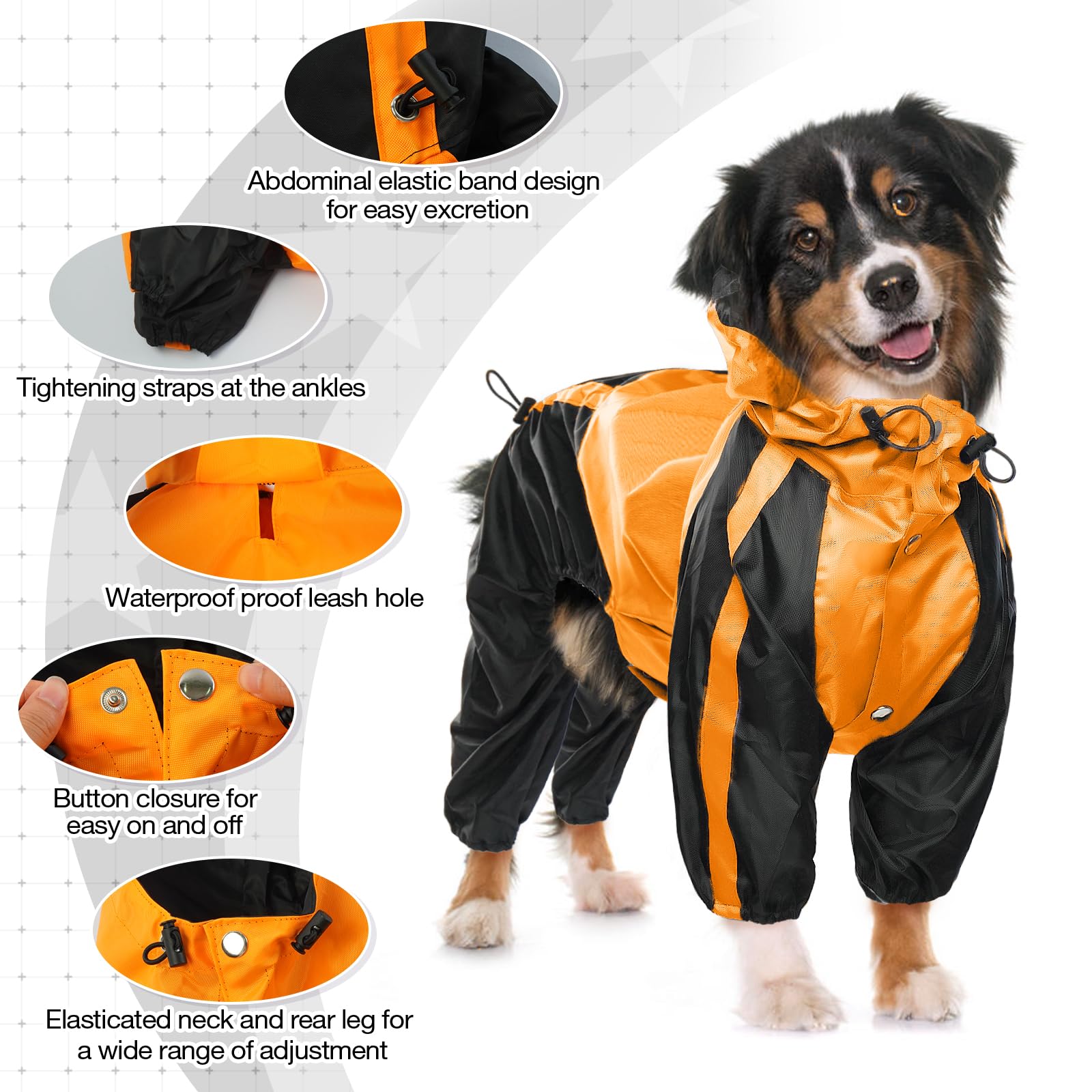 Ouobob Dog Raincoat - Waterproof, Lightweight Jacket For Large Dogs - Adjustable 4 Legs Pet Poncho With Hood, Snow-Proof Vest, L
