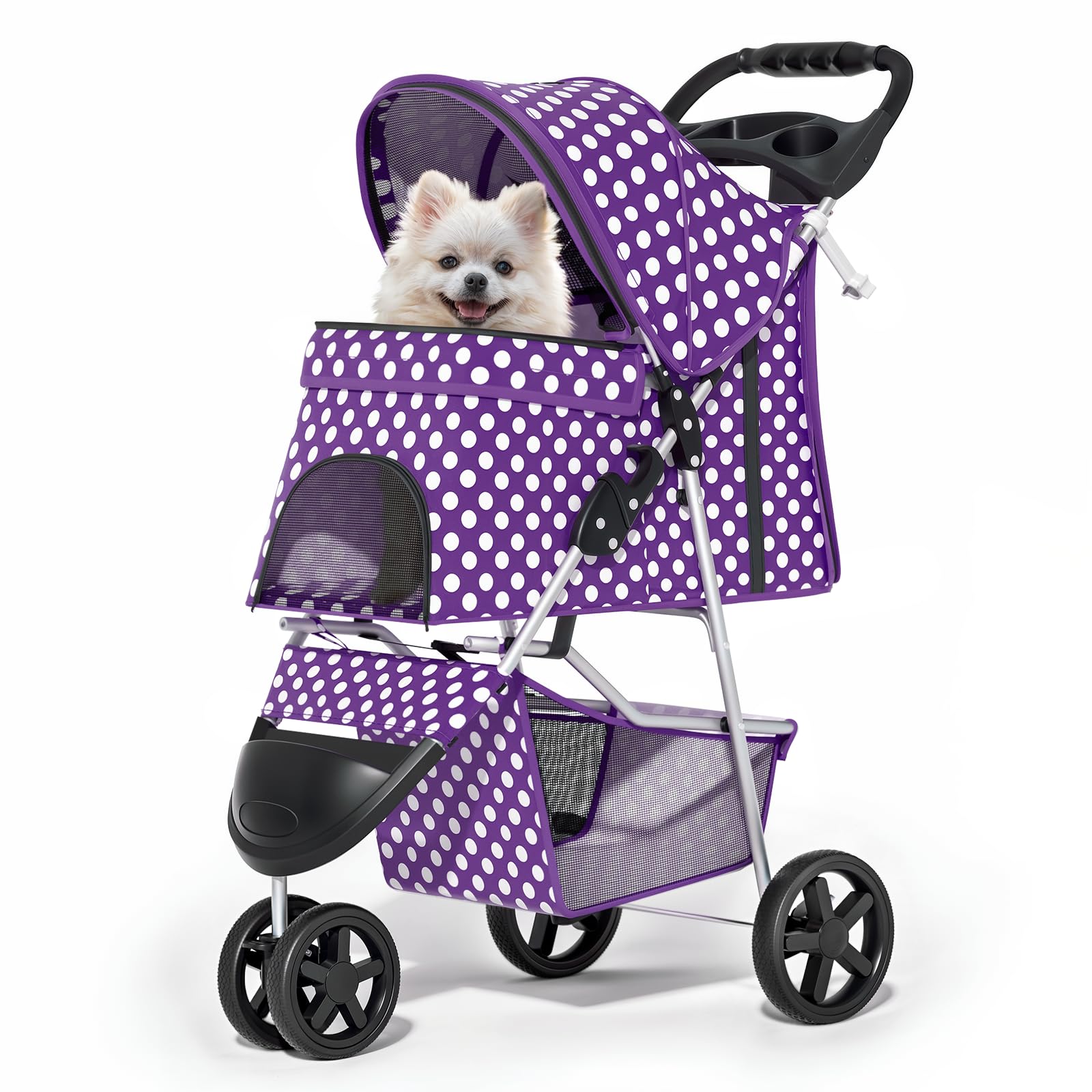 MoNiBloom 3 Wheels Pet Dog Cat Stroller for Small Medium Dogs Cats, Foldable Jogger Stroller w/Storage Basket and Cup Holder, Pu