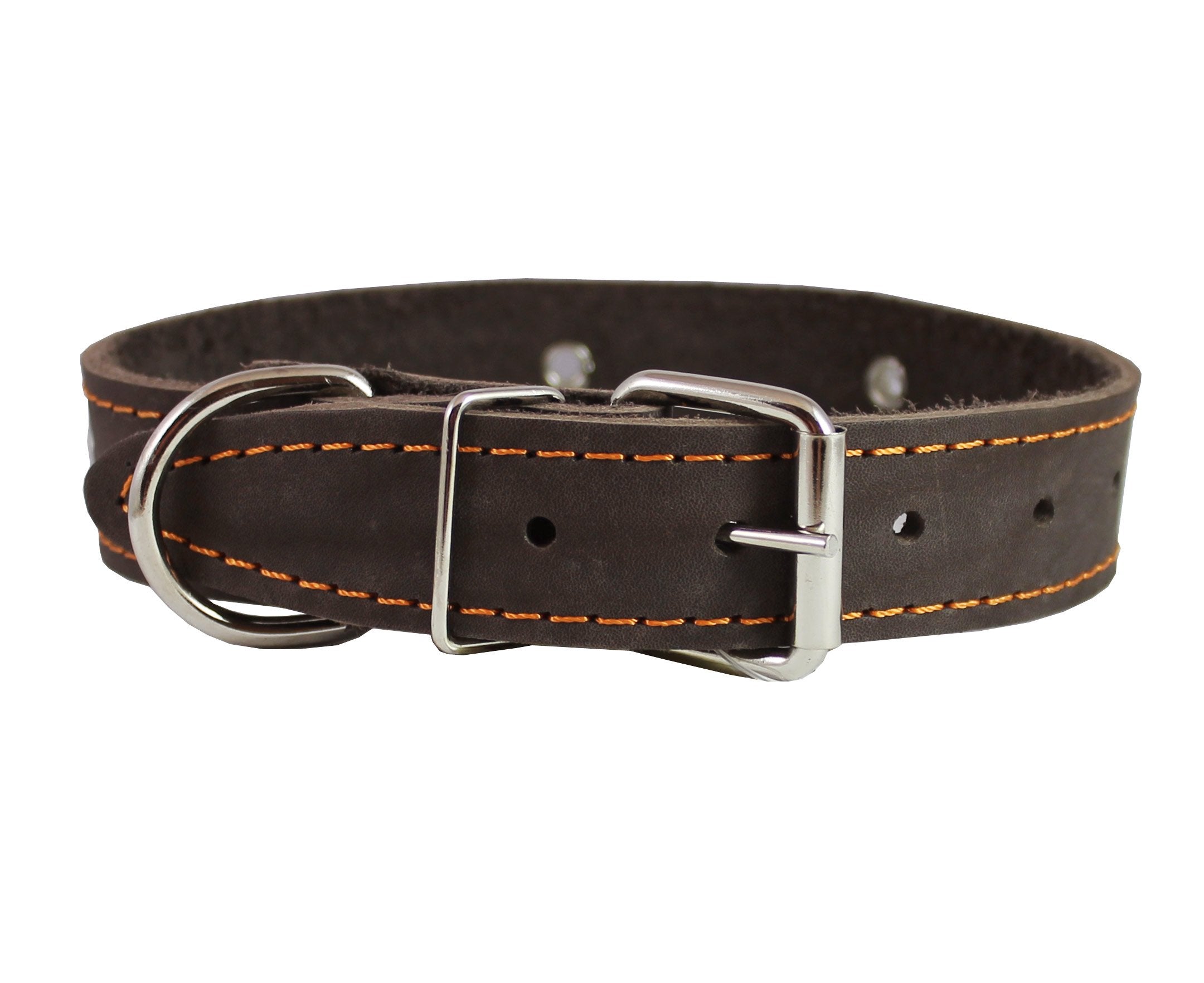 Genuine Leather Studded Dog Collar, Brown, 1.25' Wide. Fits 15'-18.5' Neck. Amstaff