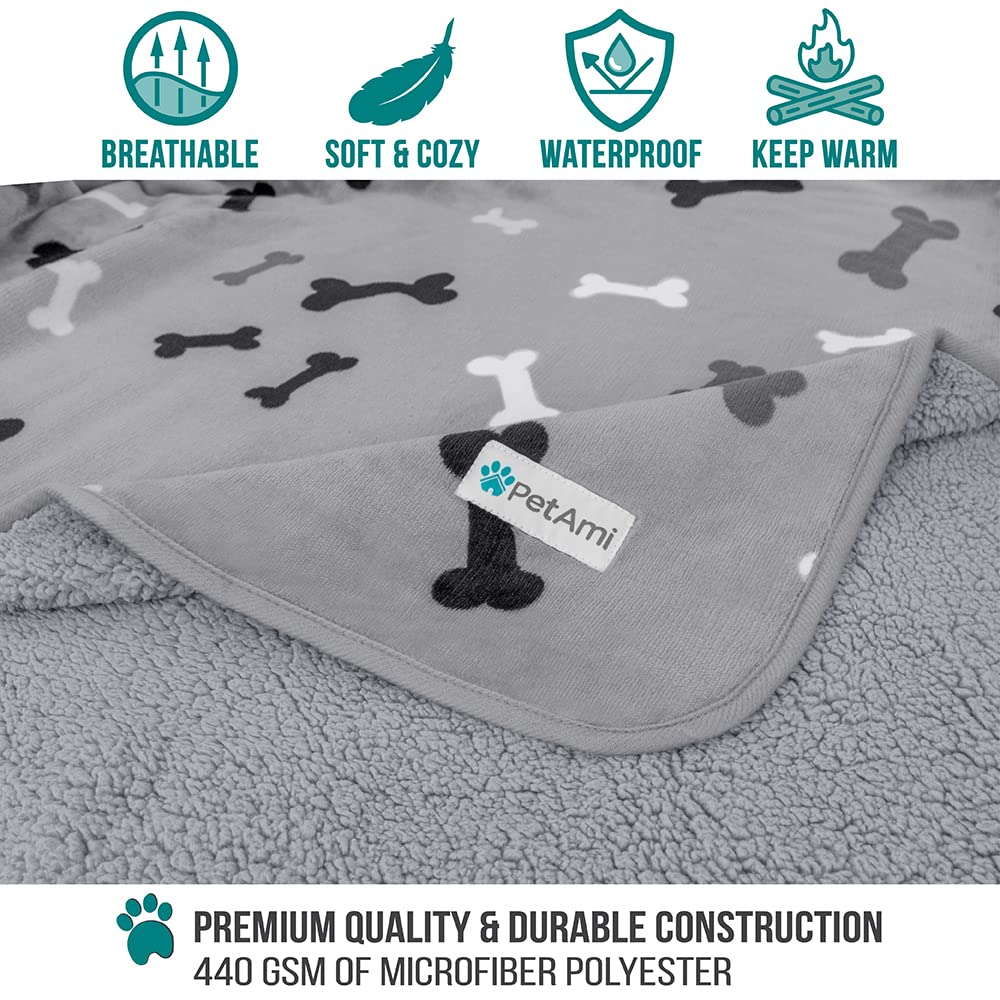 Petami Waterproof Dog Blanket For Small Medium Dogs, Pee Proof Pet Blanket Sherpa Fleece Couch Cover, Reversible Cat Throw Bed Sofa Protector, Soft Plush Washable Pad (Small 24X32, Bone Print Gray)