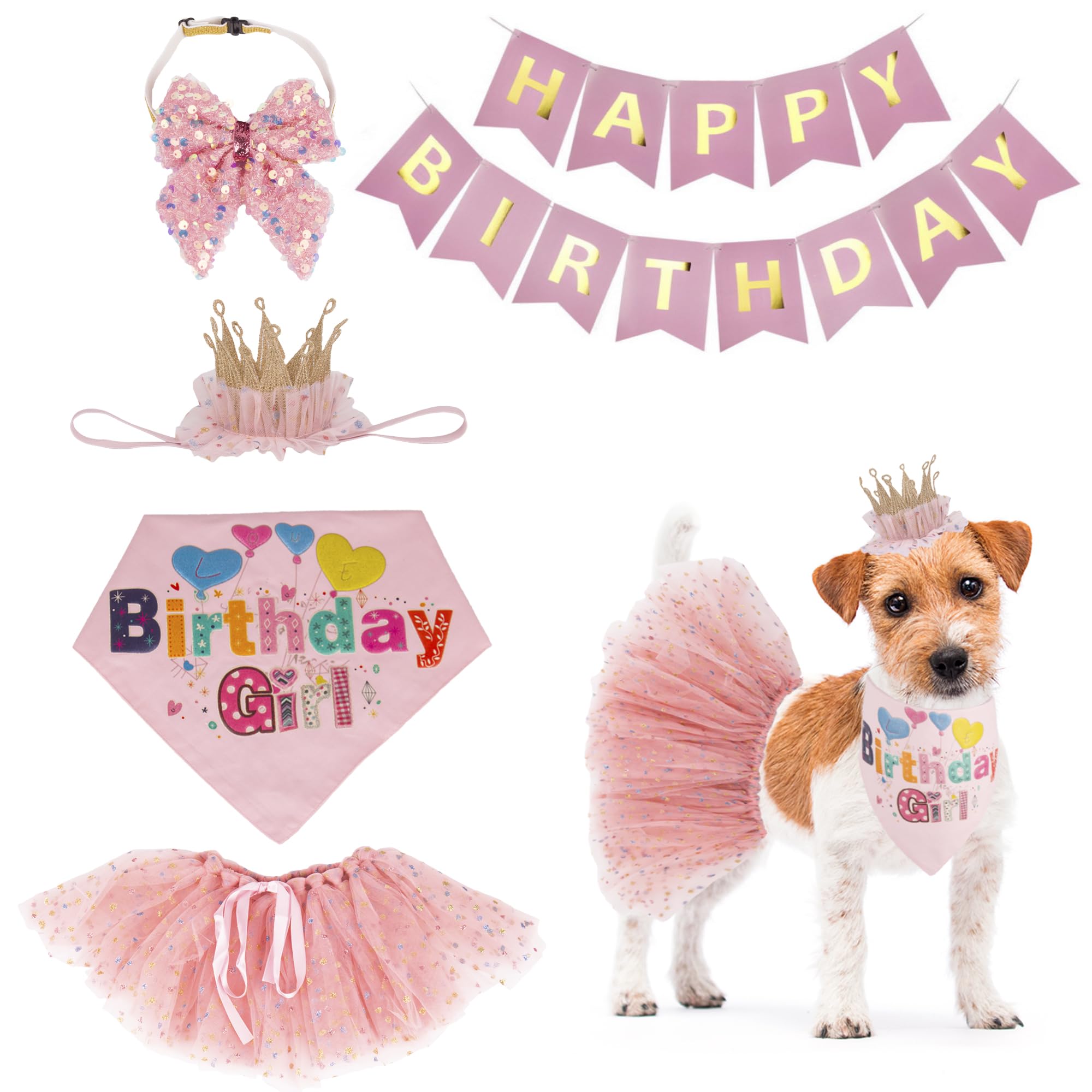 Adoggygo Dog Birthday Hat Bandana Girl - Puppy Birthday Party Supplies - Pink Tutu Hat Scarf Bow Banner Set For Small Dogs (Smal