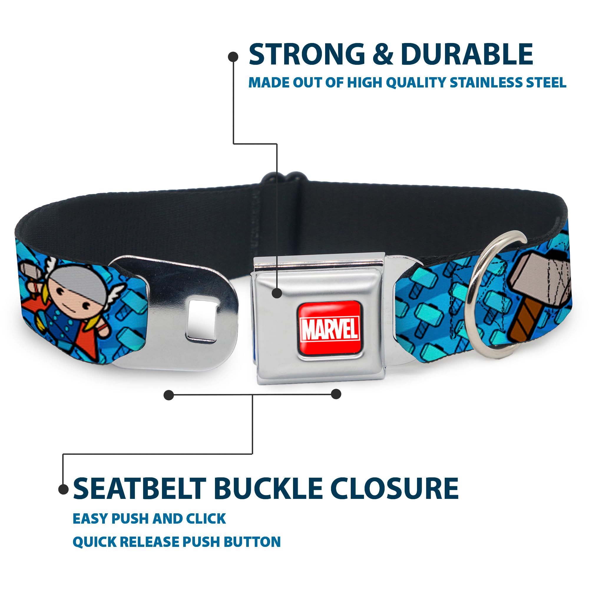 Buckle-Down Dog Collar Seatbelt Buckle Kawaii Thor Poses Hammer Monogram Blues, Multicolor, 1.5' Wide - Fits 18-32' Neck - Lar