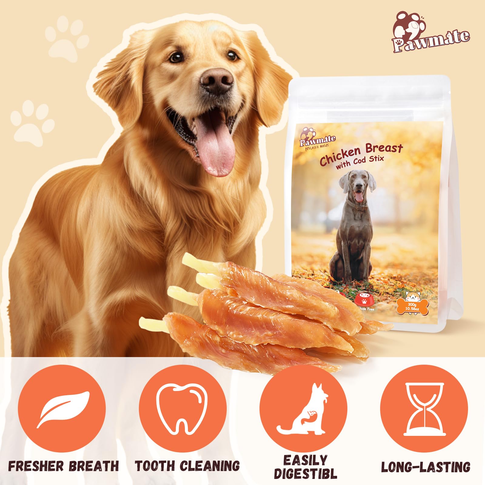 Pawmate Chicken Wrapped Cod Sticks Dog Treats, Healthy Rawhide-Free High Protein Chicken Tender Dog Jerky Soft Chews Training Re