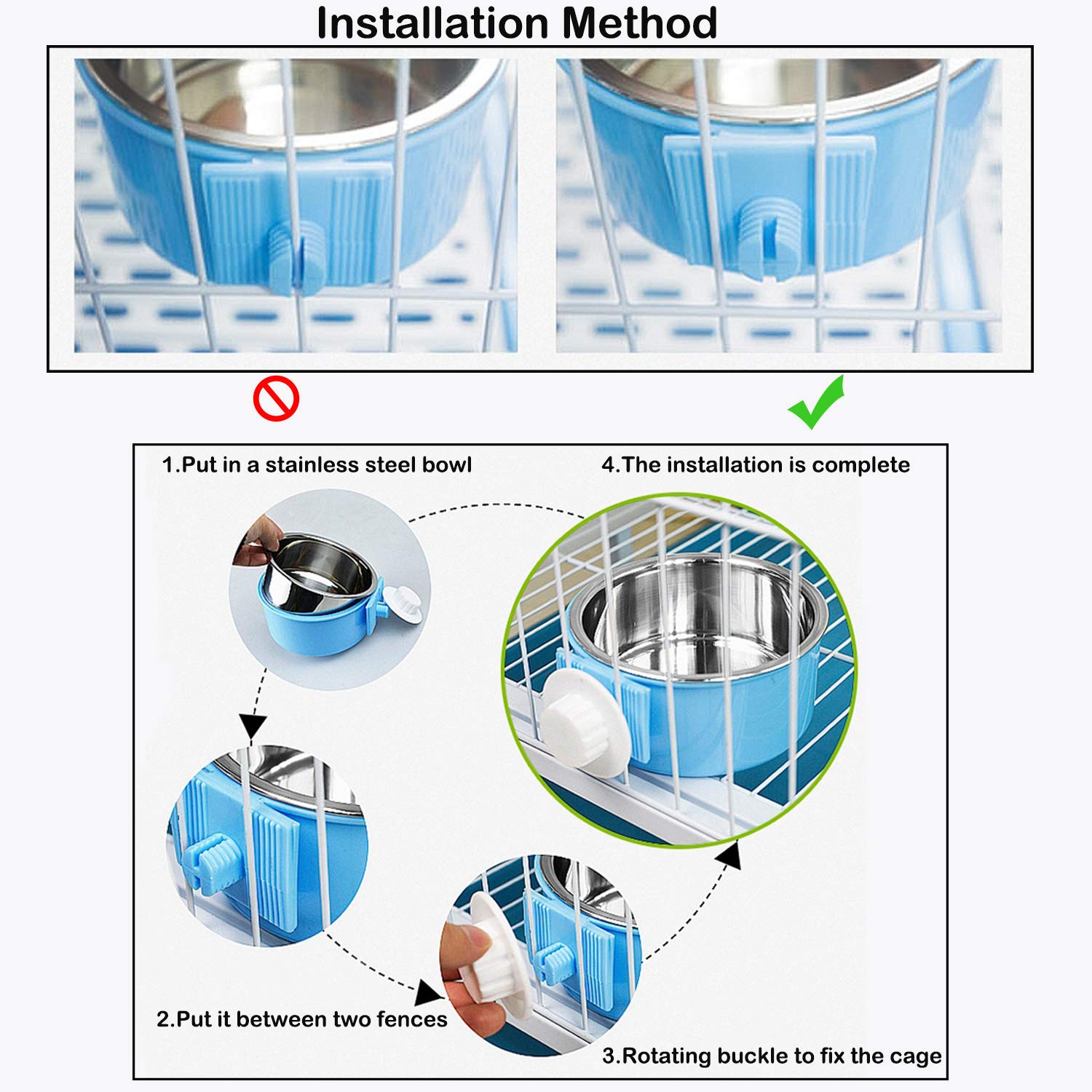 Mechpia 2 Pieces Crate Dog Bowl, Removable Stainless Steel Pet Kennel Hanging Food Water Feeder Bowl Cage Coop Cup for Puppy Med