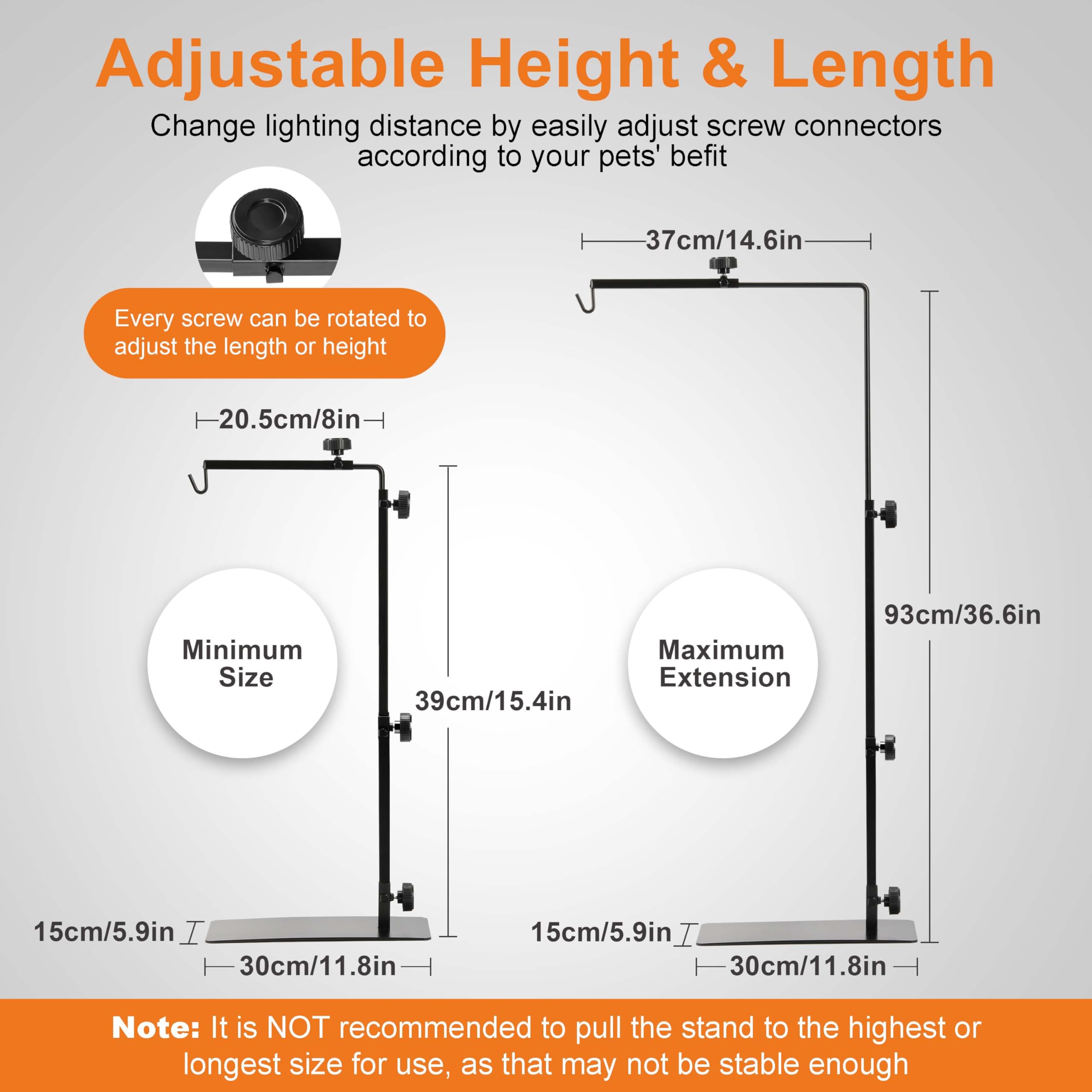 Simple Deluxe Adjustable Reptile Lamp Stand, 15"-36", Metal, Black, 36.6 x 14.6 inch