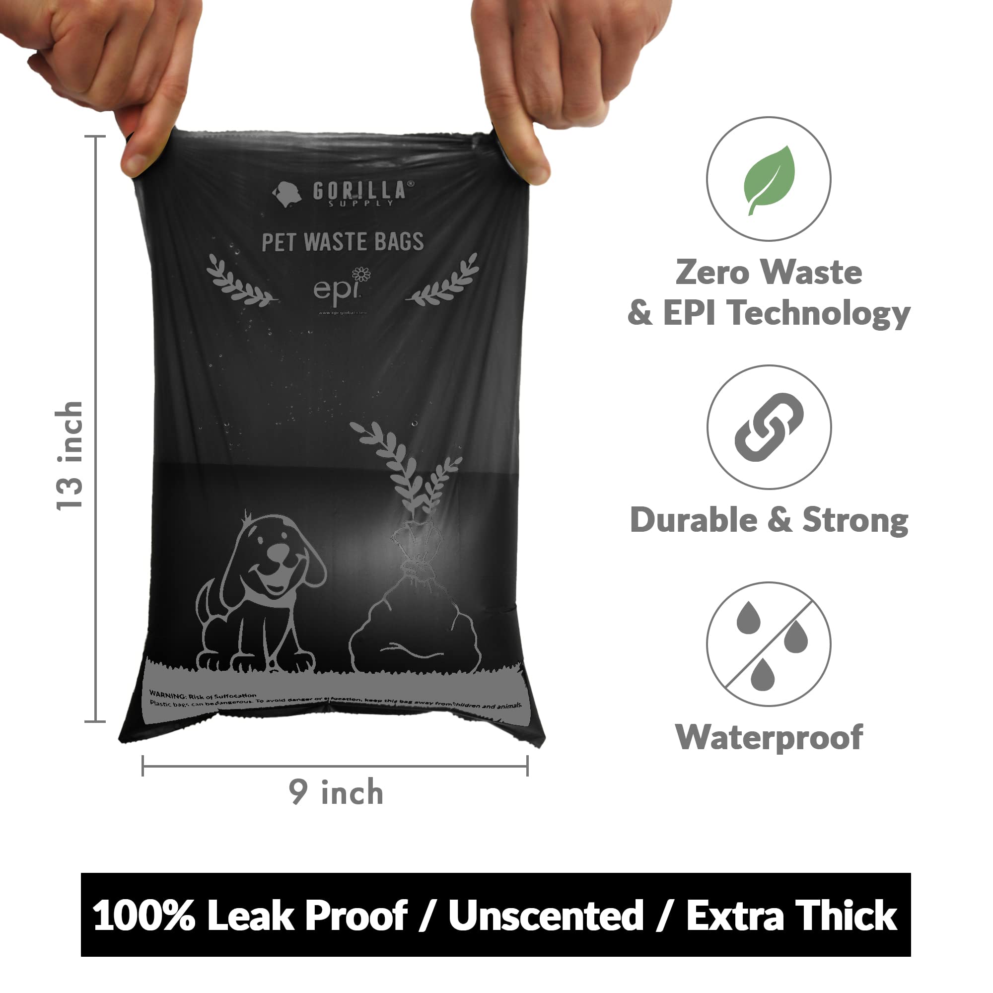 Gorilla Supply Dog Poop Waste Bags With Dispenser And Leash Tie, 9' X 13', Black, 1000 Count