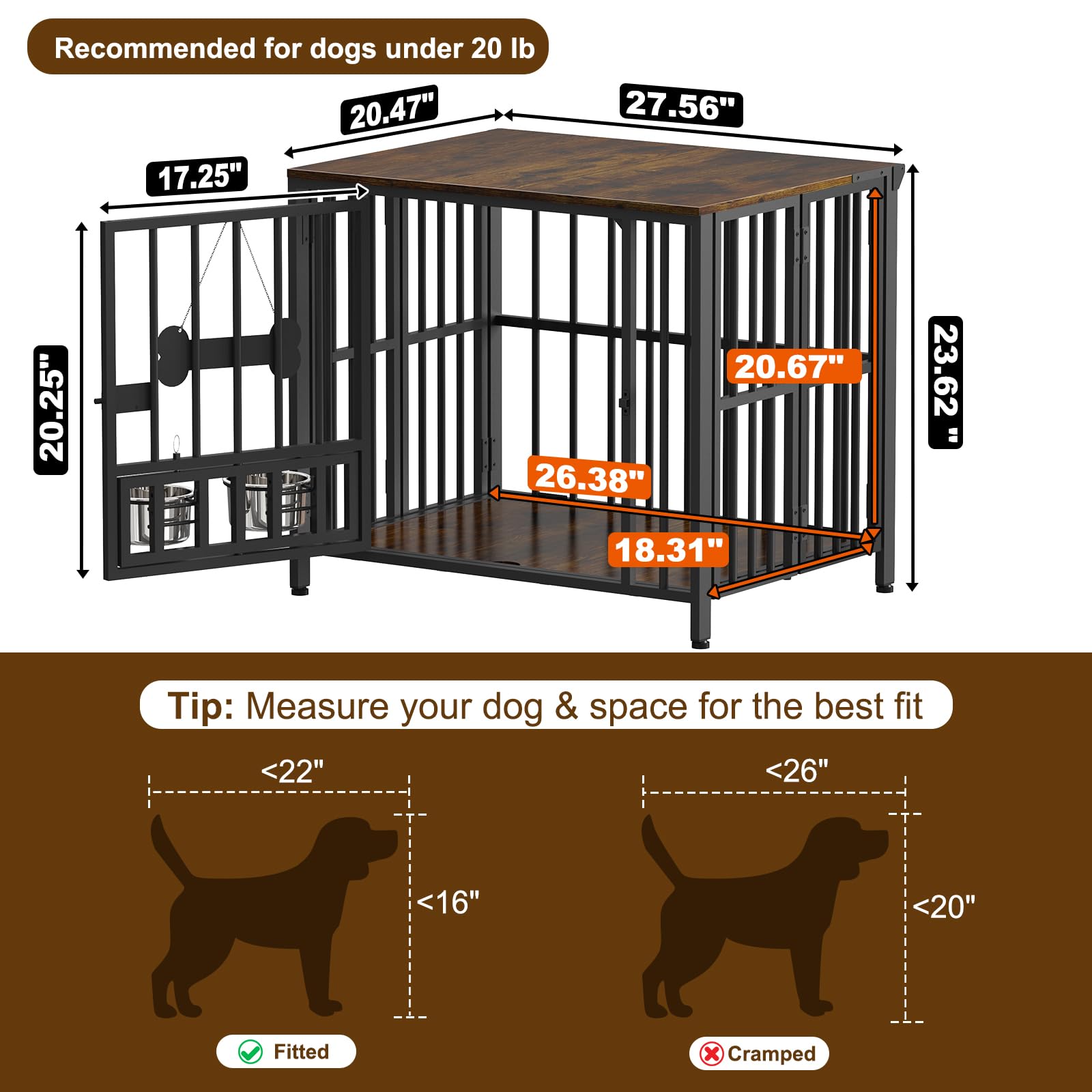 Easycom 27 Dog Crate Furniture Foldable, No Assembly Decorative Dog Kennel Indoor, Dog Crates for Small Dogs (Under 20 lb), Wood