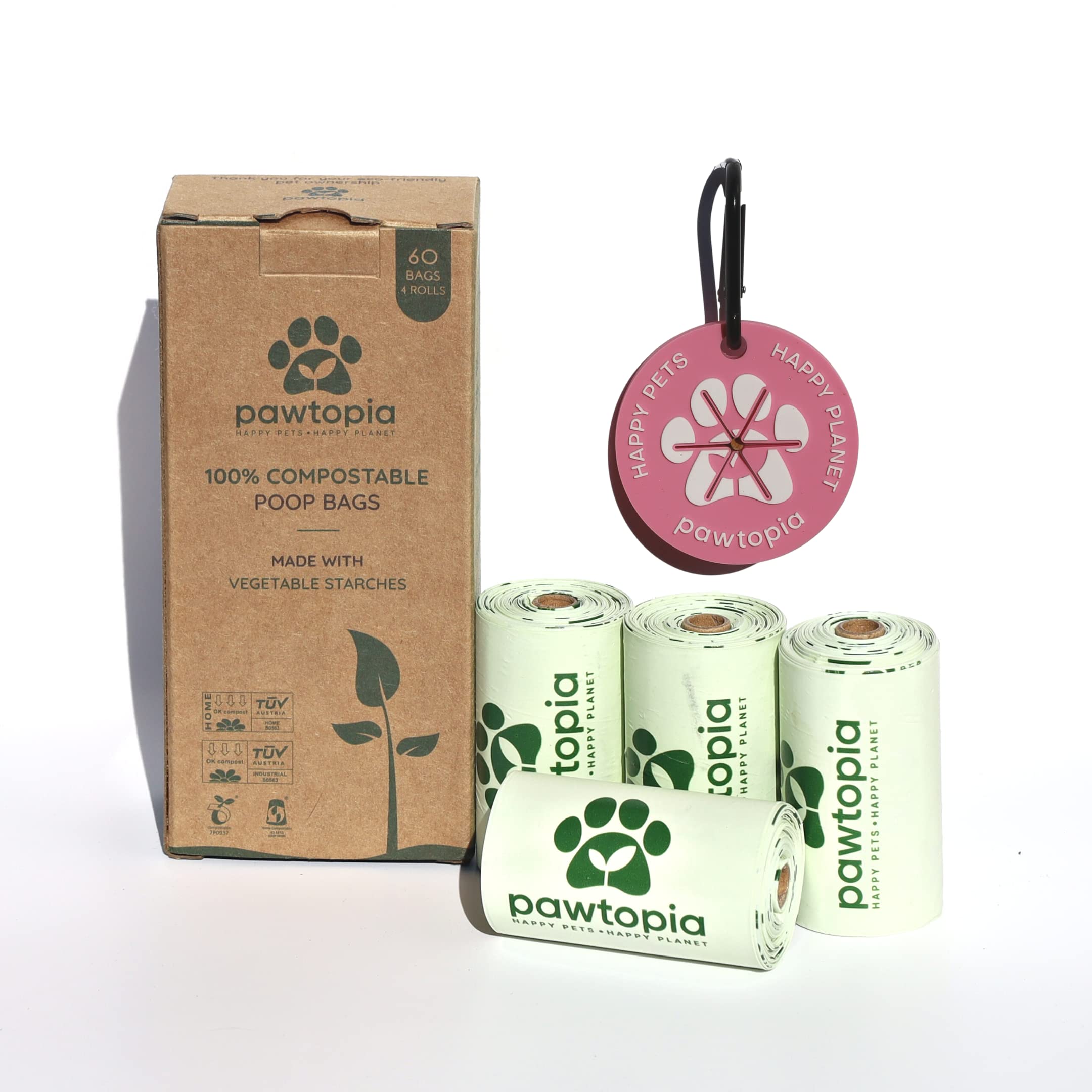 Pawtopia Certified Home Compostable Dog Poop Bags (60 Bags + Pink Carrier Pad), Biodegradable, Cat Litter, Vegetable Starches, L