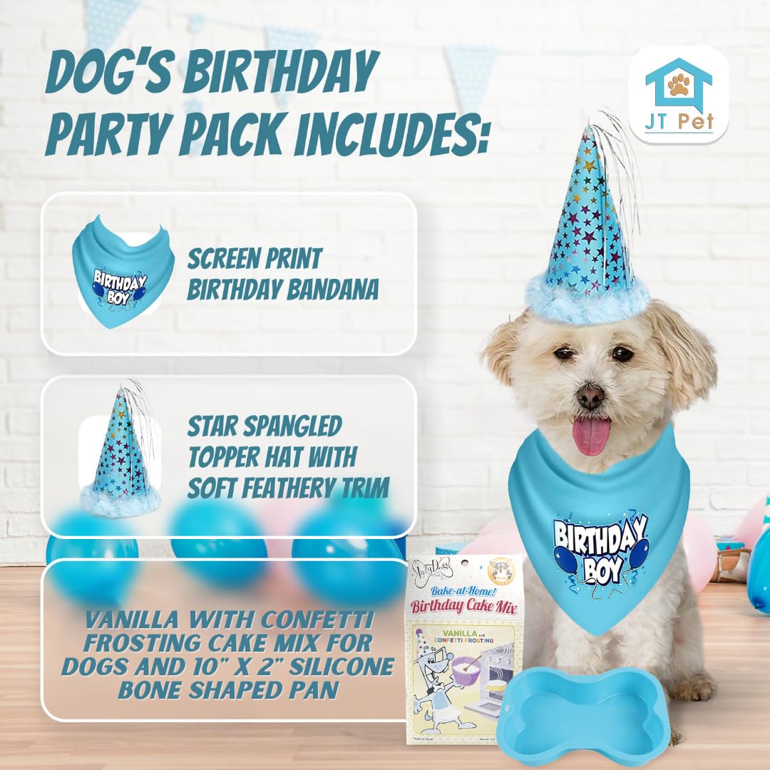 Jt Pet Dog Birthday Boy Party Pack With Bandana, Star Spangled Party Hat With Adjustable Elastic, Tassels And Feathery Trim, Bir