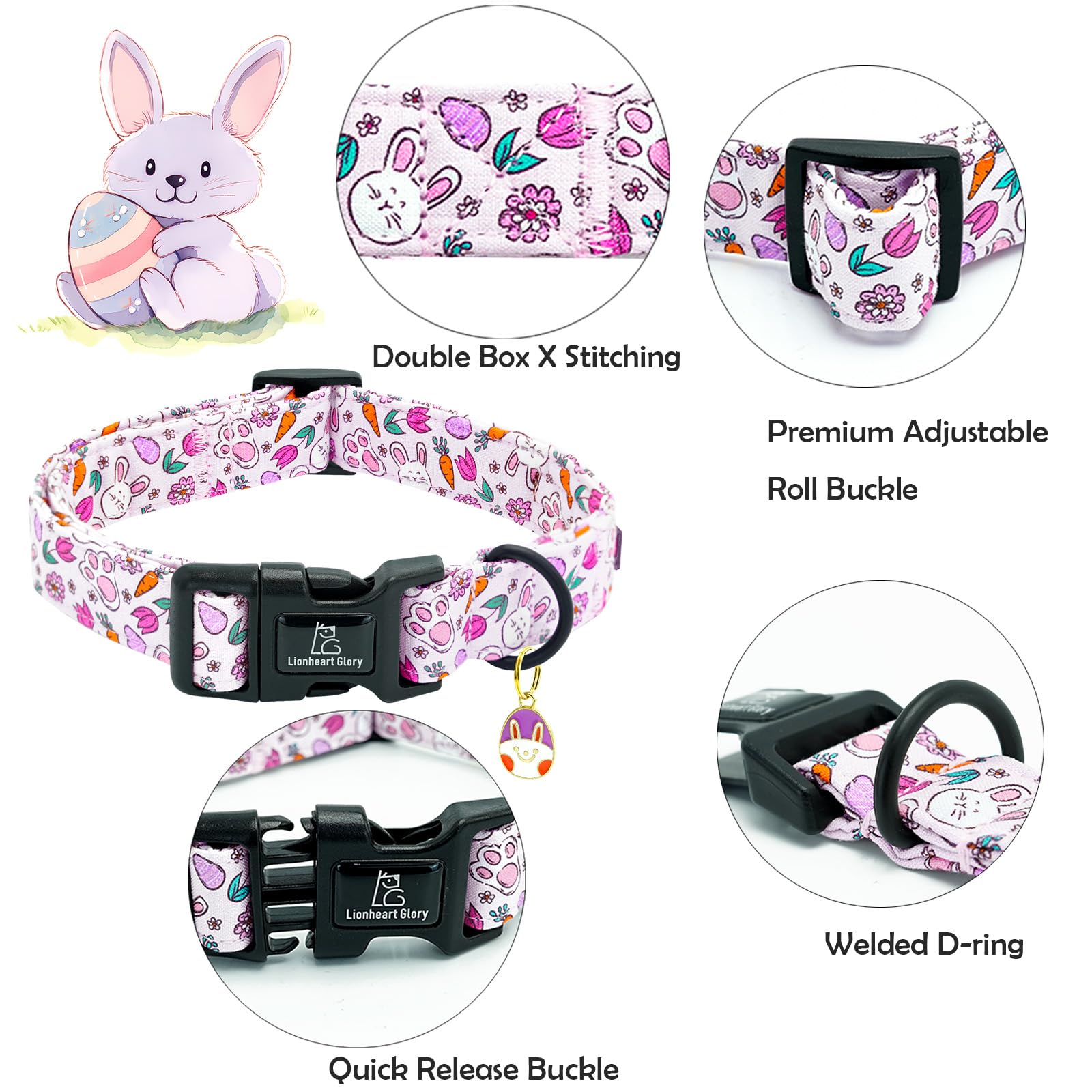 Lionheart Glory Easter Dog Collar-Easter Rabbit Eggs Dog Collars Cute Bunnies Carrot Dog Collar Adjustable Durable Soft Collar F