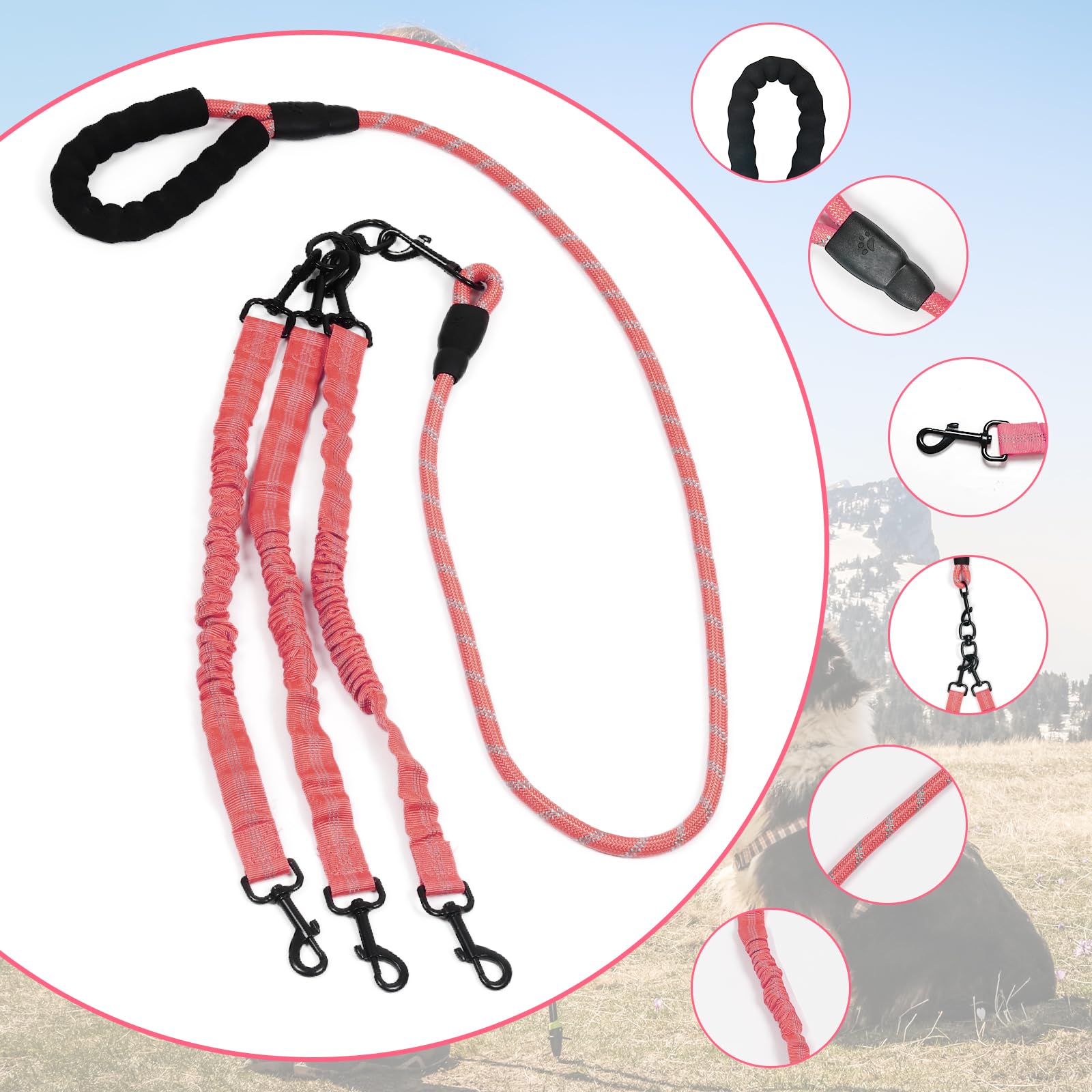 Dog Double Leashes,Rope Bungee Four Leash With Padded Handle Removable For 4 Dogs,Tangle-Free, Padded Handles, 360 Swivel Contro