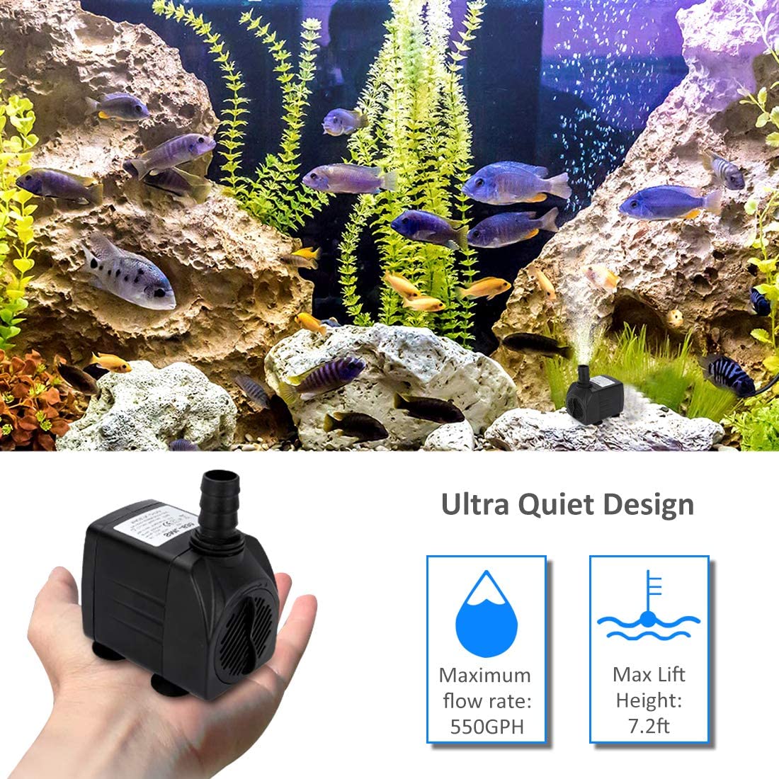 Growneer 550Gph Submersible Pump 30W Ultra Quiet Fountain Water Pump, 2000L/H, With 7.2Ft High Lift, 3 Nozzles For Aquarium, Fish Tank, Pond, Hydroponics, Statuary Black
