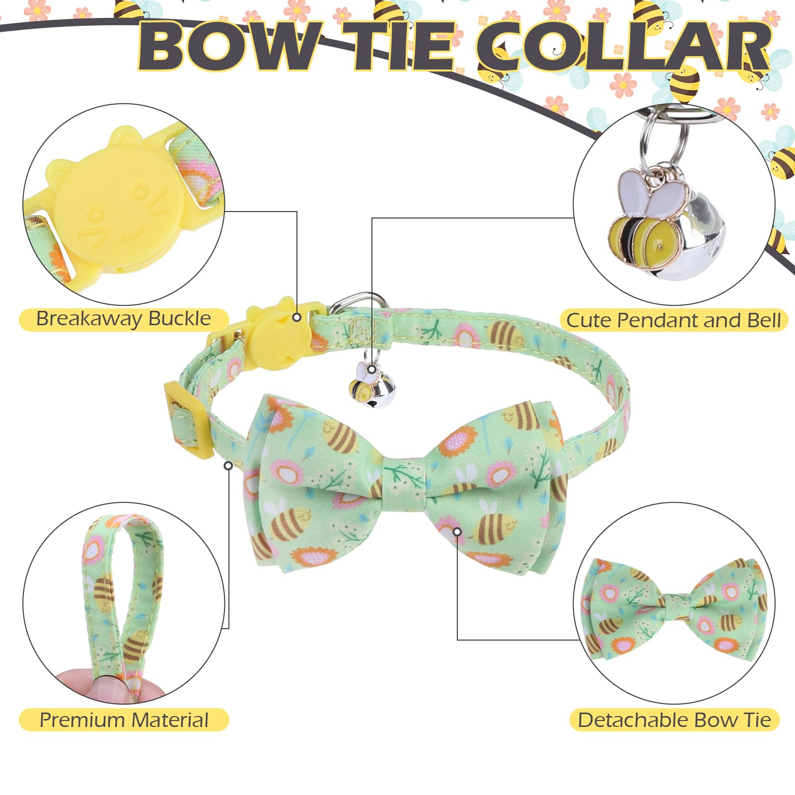 Expawlorer Spring Cat Collar Breakaway With Bells - 2 Pack Cute Flower Pet Collar With Removable Bow Tie And Bandana, Adjustable