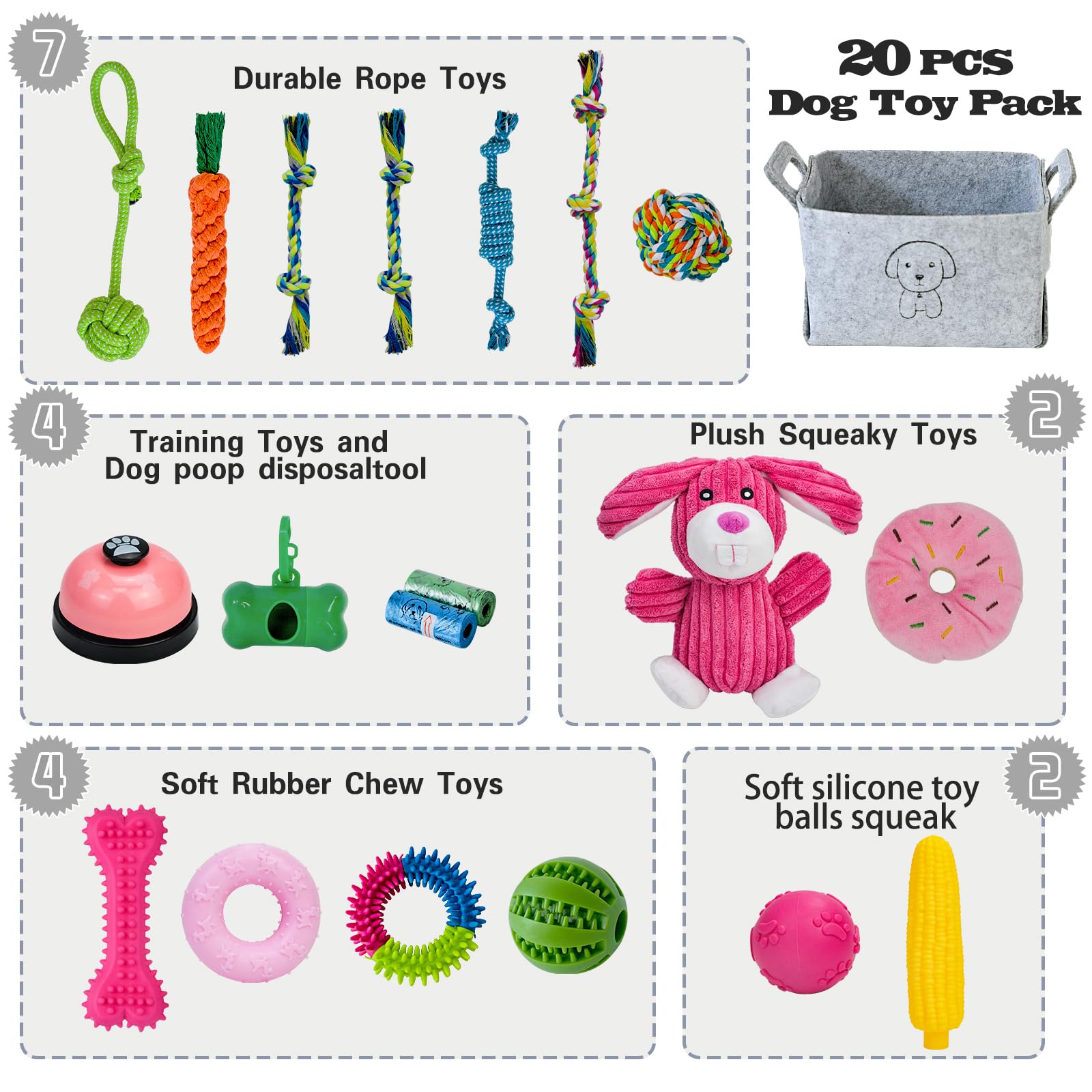 Mrsohret 20Pcs Puppy Chew Toys For Teething, Dog Chew Rope Toys, Pet Dog Toothbrush, Treat Balls, Plush Squeaky Toy For Small Me