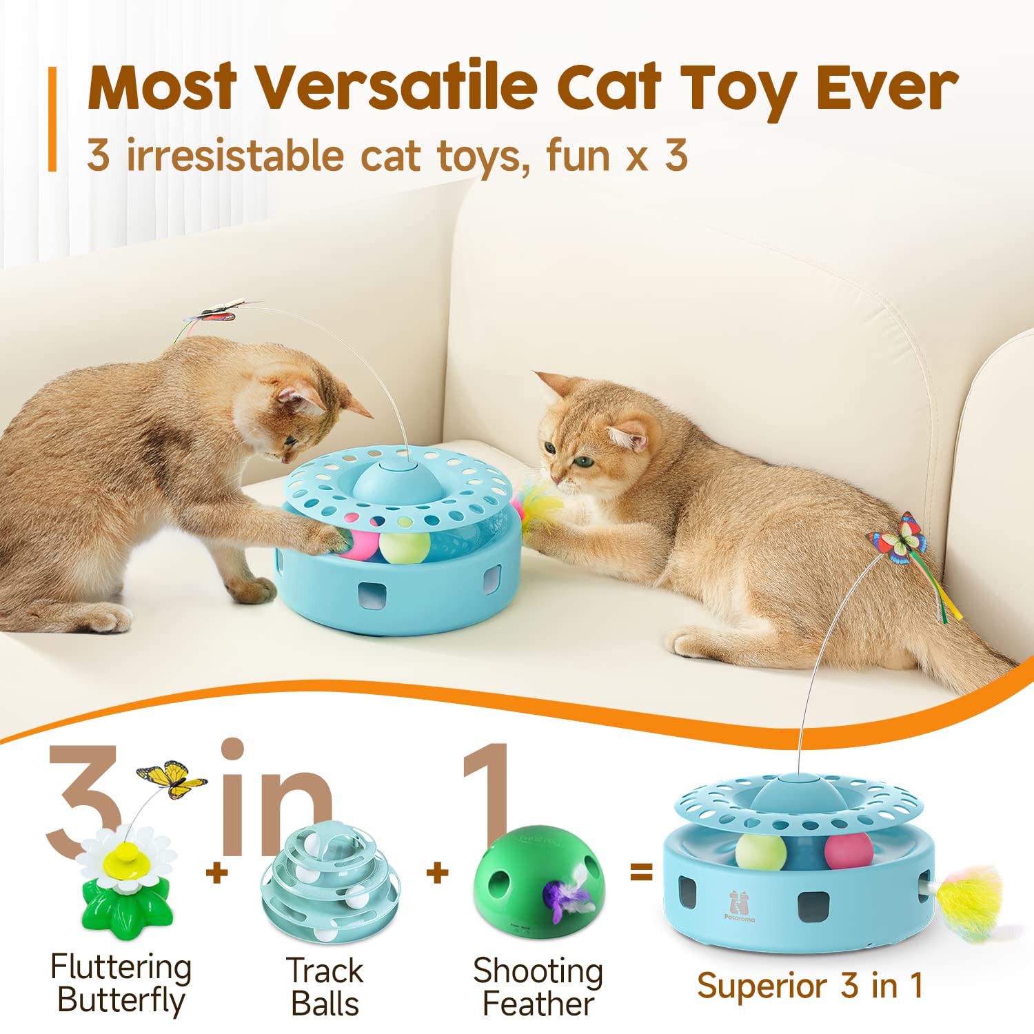Potaroma Cat Toys 3-In-1 Automatic Interactive Kitten Toy, Fluttering Butterfly, Random Moving Ambush Feather, Track Balls, Dual