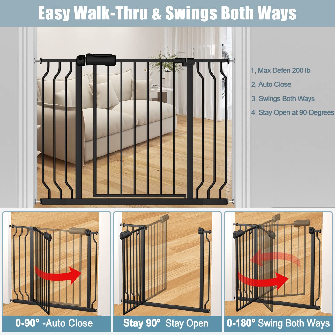 Flower Frail Extra Wide Baby Gate 71.6-76.37 Inch Black, Walk Through Pressure Mounted No Drill Long Large Tension Metal Gate fo