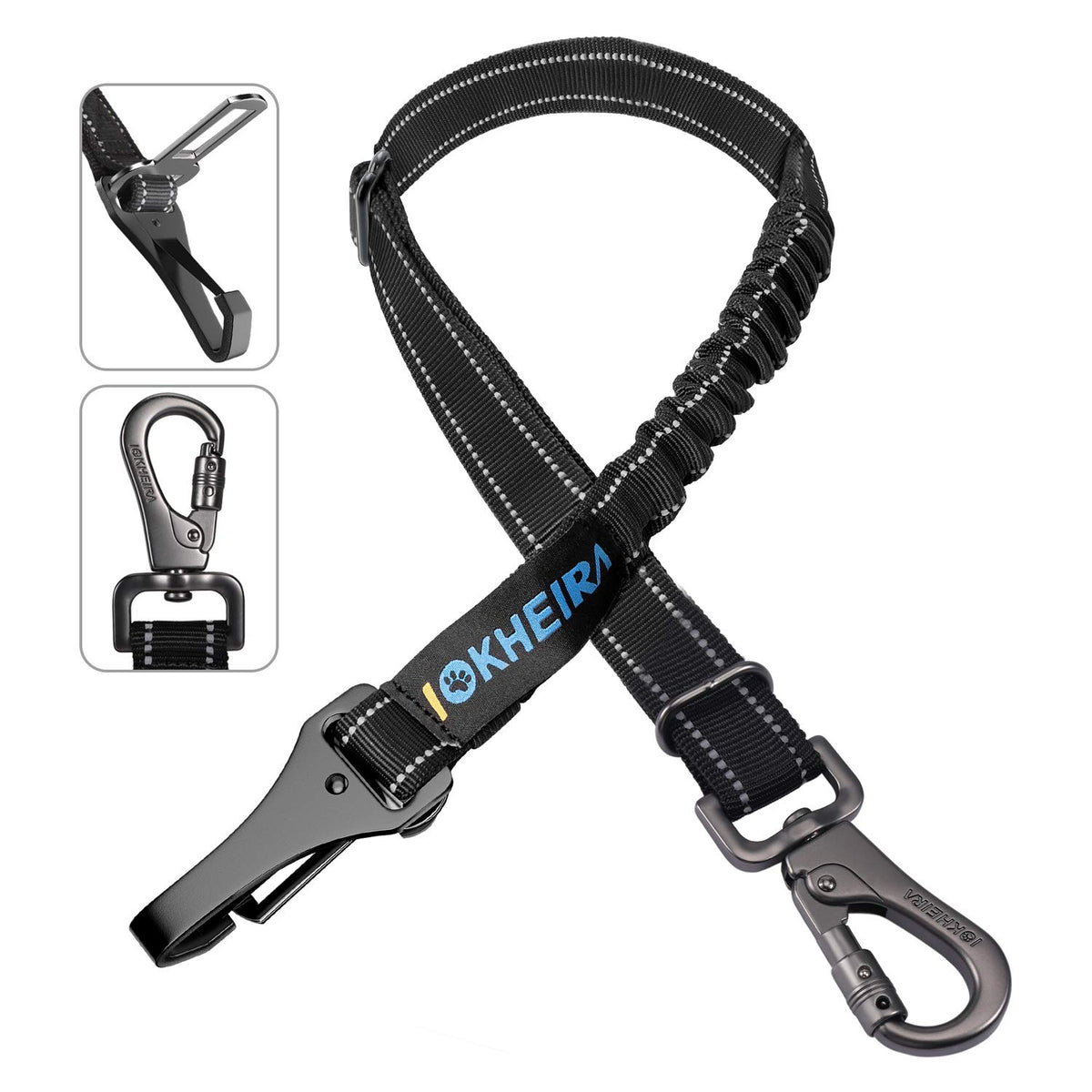 Dog Seat Belt 3-In-1 Car Harness For Dogs Adjustable Safety Seatbelt For Car Durable Nylon Reflective Bungee Fabric Tether With Clip Hook Latch & Buckle, Swivel Zinc Alloy Carabiner (Black)