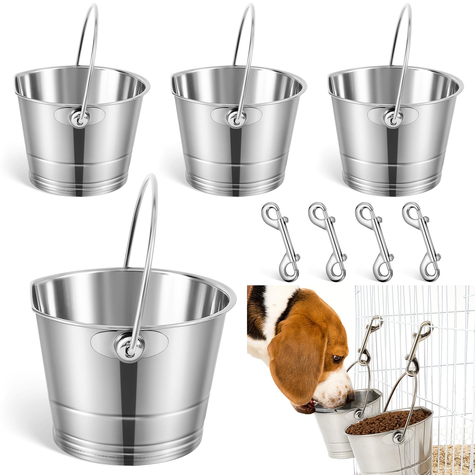 Mumufy 4 Set Stainless Steel Flat Side Bucket 1 Quart Durable Water Pails with Double Ended Snaps Small Metal Bucket Flat Back W