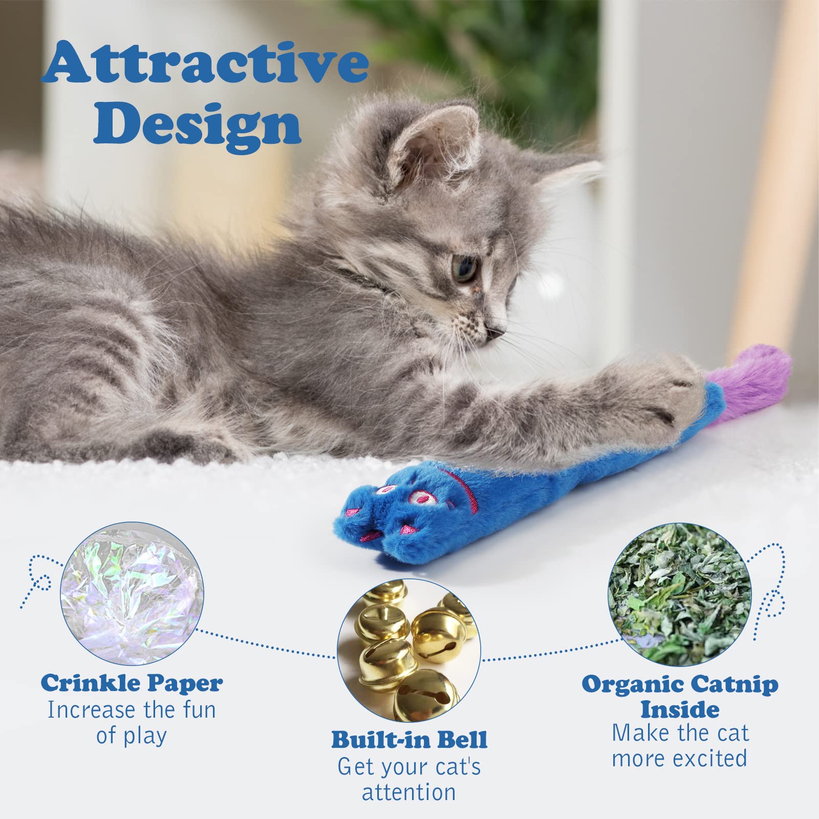 Pawaboo Cat Toys, 2 Pack Catnip Toys With Bell And Crinkle Paper, Soft And Durable Kitten Toys, Interactive Cat Toys For Indoor Cats, Cat Plush Kicker Toys For Kittens Kitty, Cute Cat Stuff