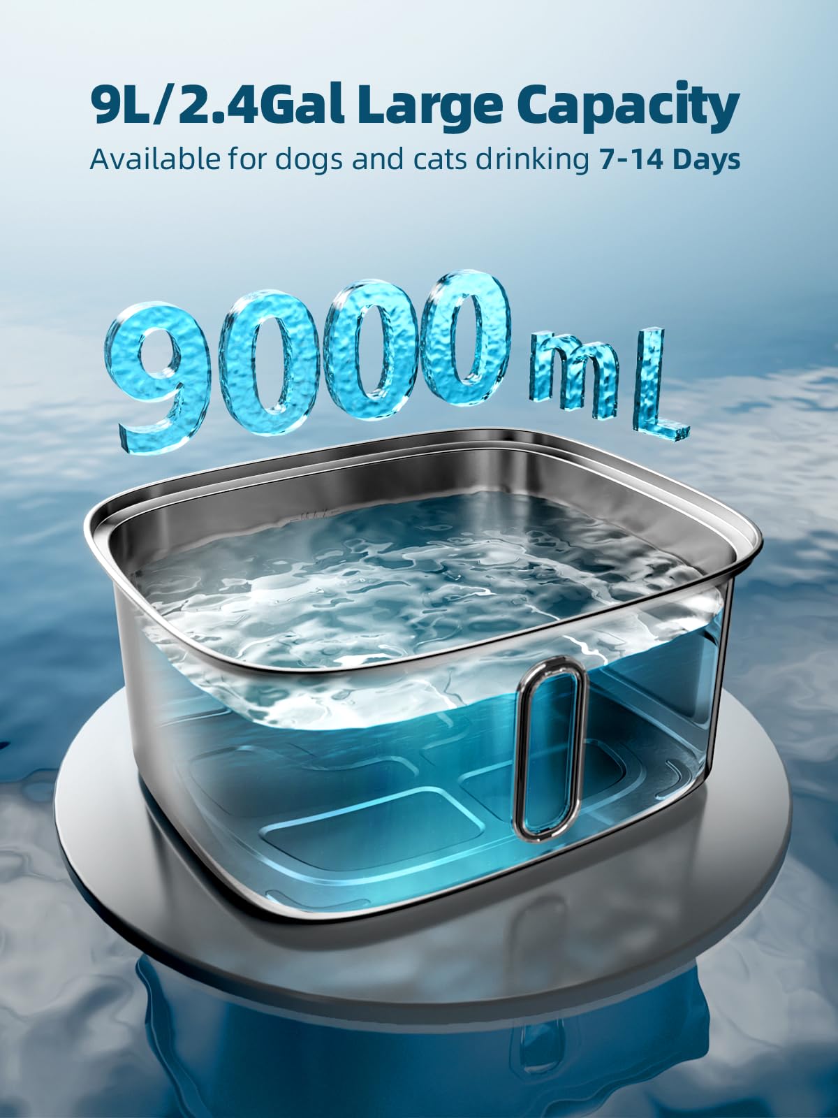 Dog Water Fountain for Large Dogs, 9L/2.4Gal Stainless Steel Dog Fountain with Water Level Window & Filtration, Automatic Pet Wa