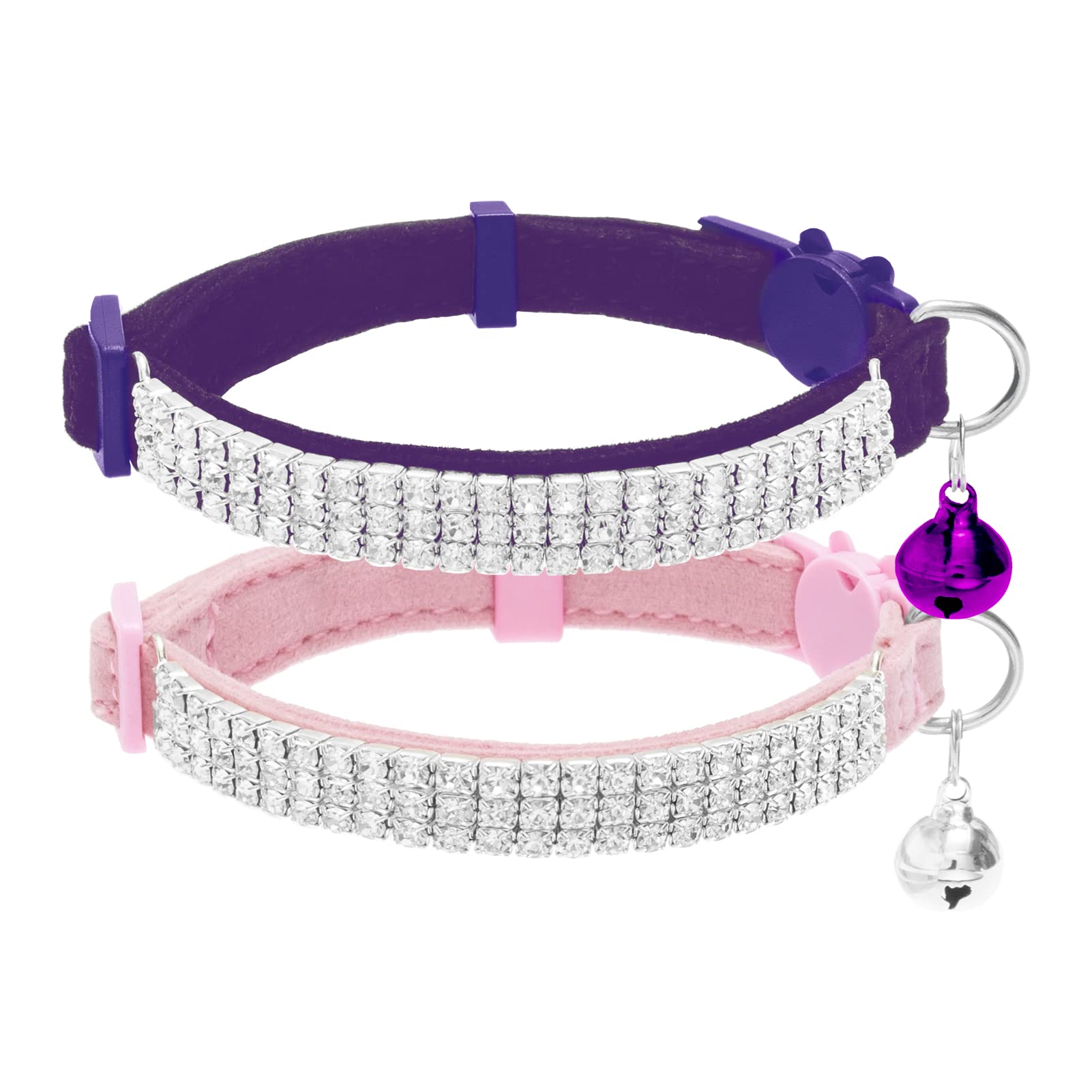 Expawlorer Cat Collar Breakaway With Bells - 2 Pack Rhinestones Bling Diamante Collars - Soft Velvet Safe Adjustable Shing Collar For Cats Kitty Girls And Small Dogs
