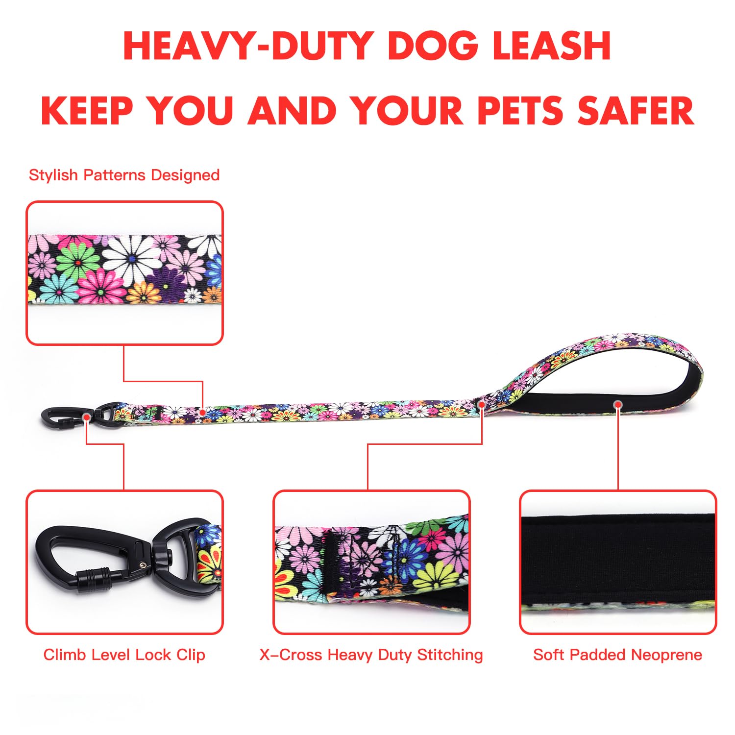 Pimaodog Dog Leash For Training And Walking - Fashionable Floral Print, Suitable For Medium To Large Dogs - With Climbing Lock B