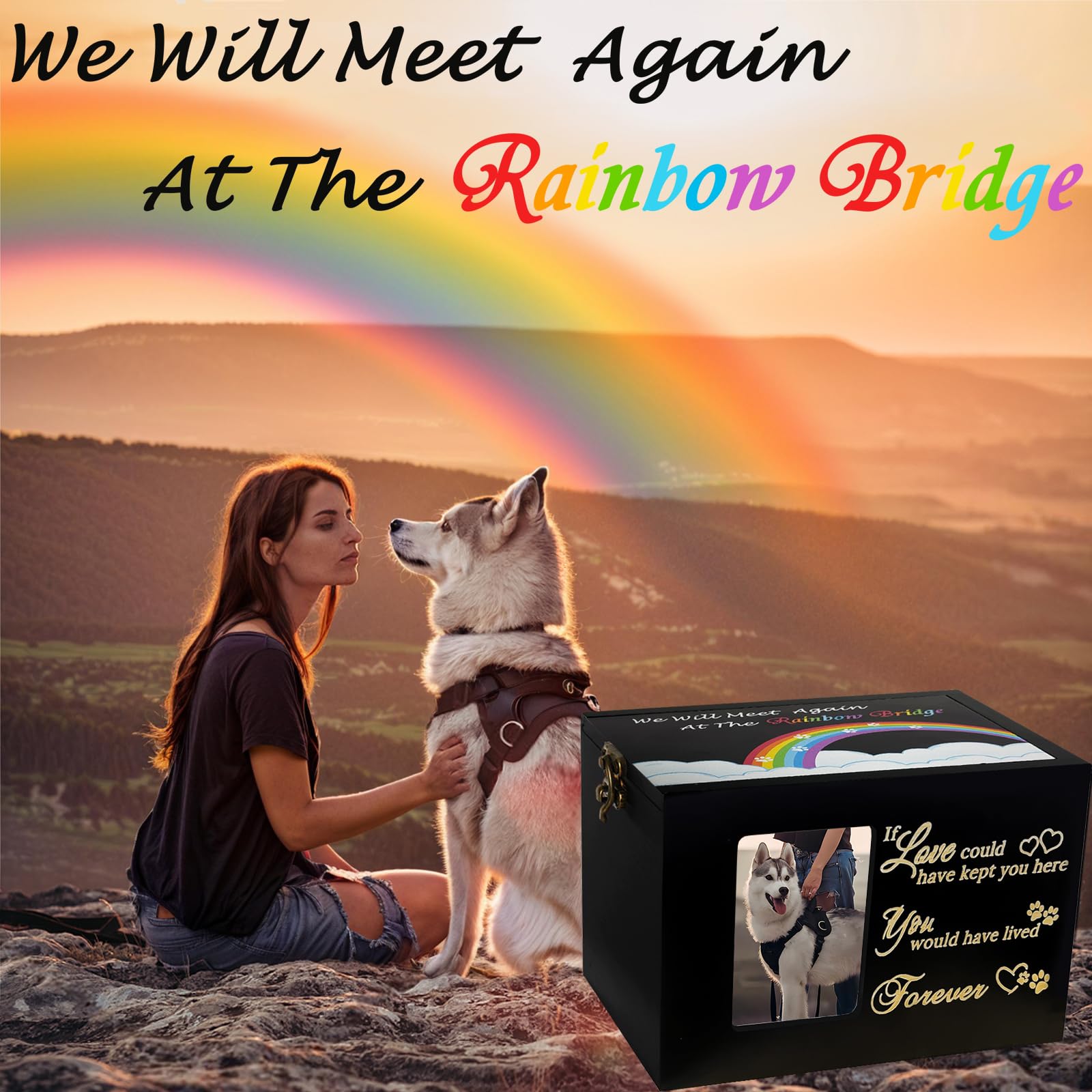 Sofunii Pet Urns For Dogs Or Cats Ashes,Large Wooden Funeral Cremation Memorial Box With Photo Frame,Rainbow Bridge Keepsake Wit