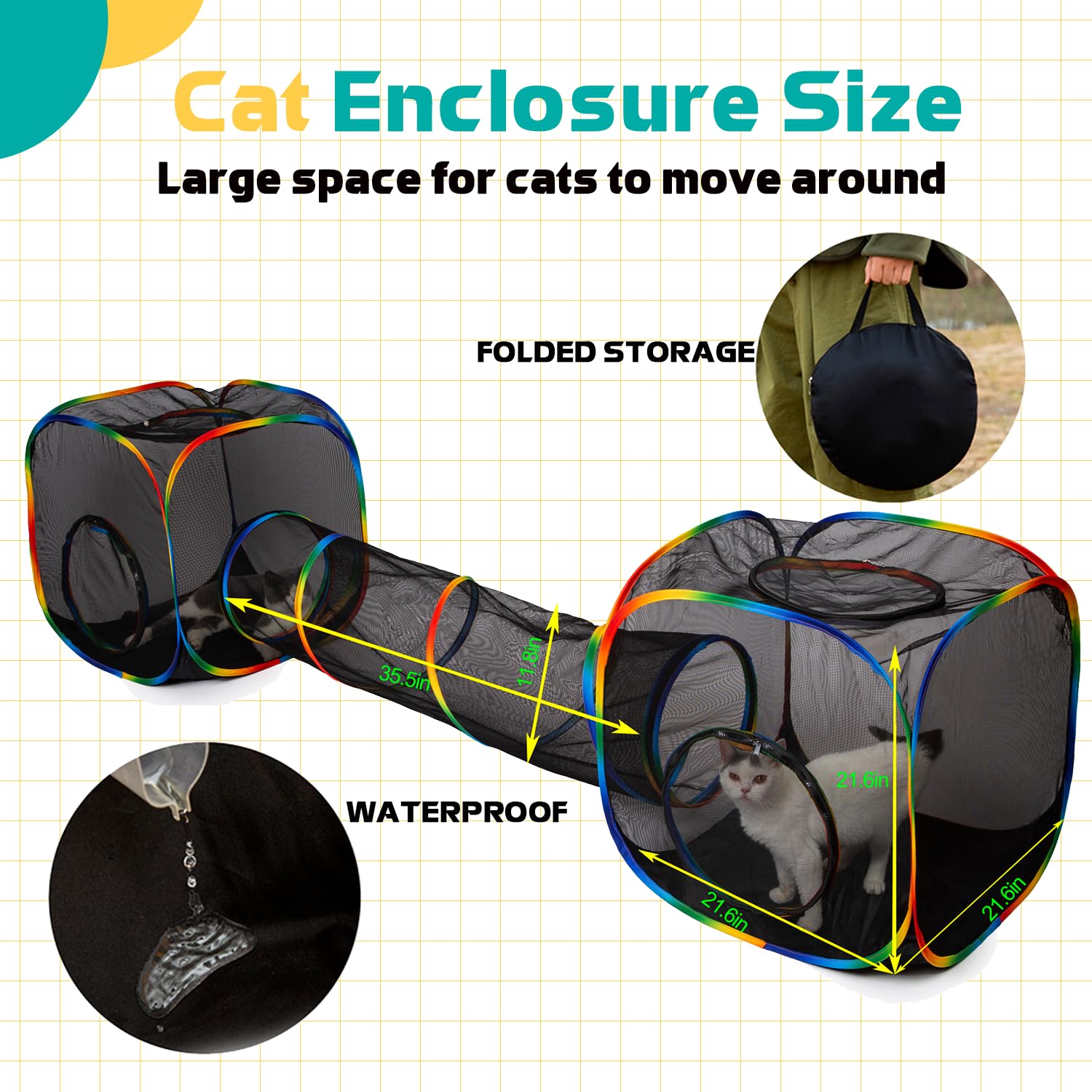 Luckitty Outdoor Rainbow Cat Enclosures Playground,Outside House For Indoor Cats Include Portable Tent, 2 Way With 2 Cube Tunnel