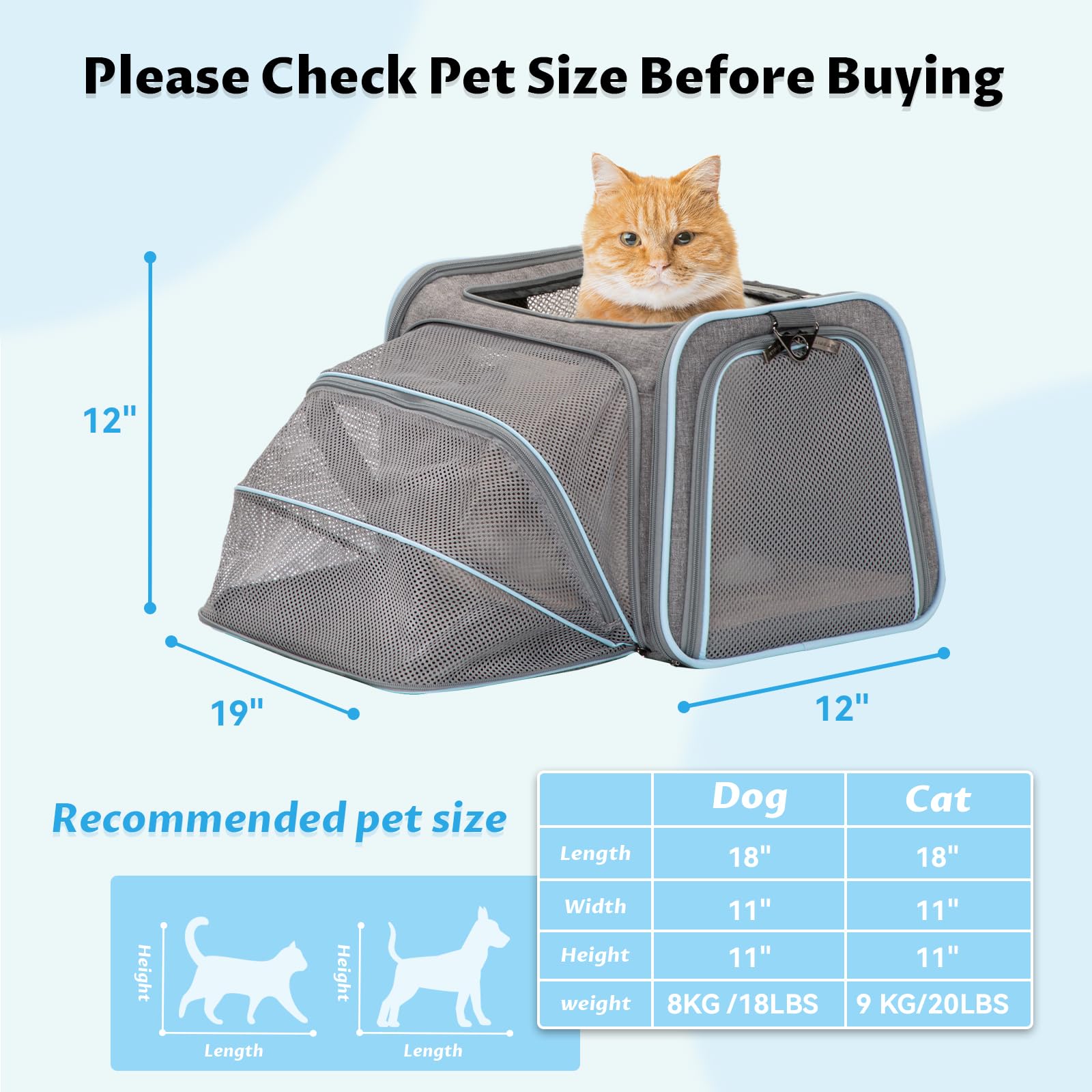 Petsfit Expandable Pet Carrier, 19X12X12 Inches Soft-Sided Portable Cat Carrier Dog Carrier, With Removable Plush Mat, Locking S