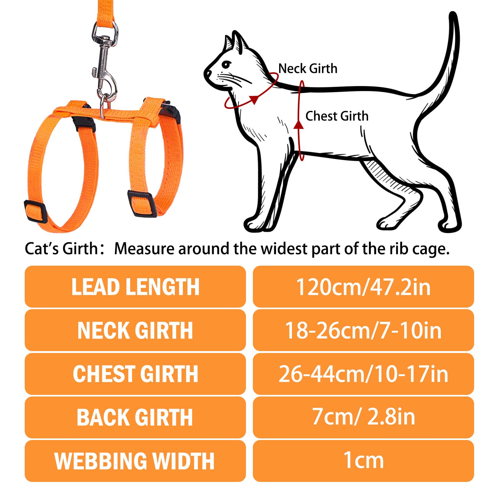 Pupteck Adjustable Cat Harness And Leash Set Escape Proof Kitten Strap Collar For Walking Travel, Orange