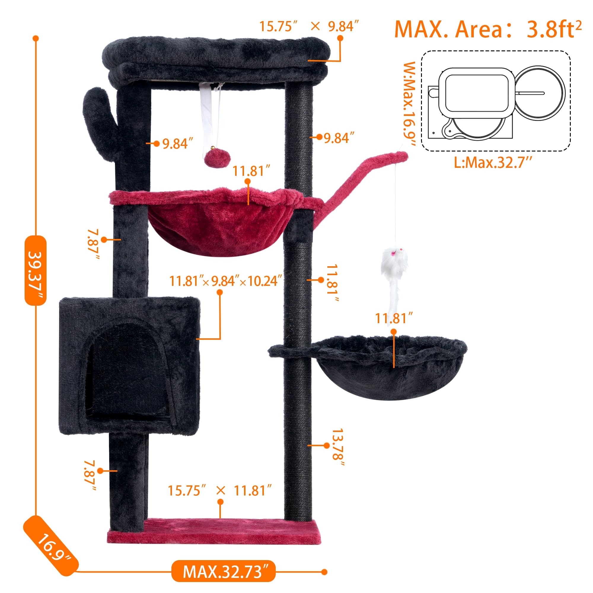 Heybly Cat Tree, 39.4 Inches Gothic Tower Condo With Scratching Post, Cat Tower For Indoor Cats, Fully Wrapped Sisal Pole, Soft