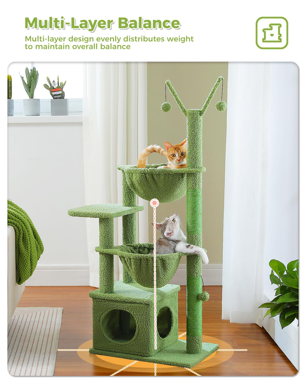 Muttros Cactus Cat Tree, 47.6'' Cat Tower With 2 Metal Frame Hammock, Cat Scratching Post For Indoor Cats With 2 Removable Pompo