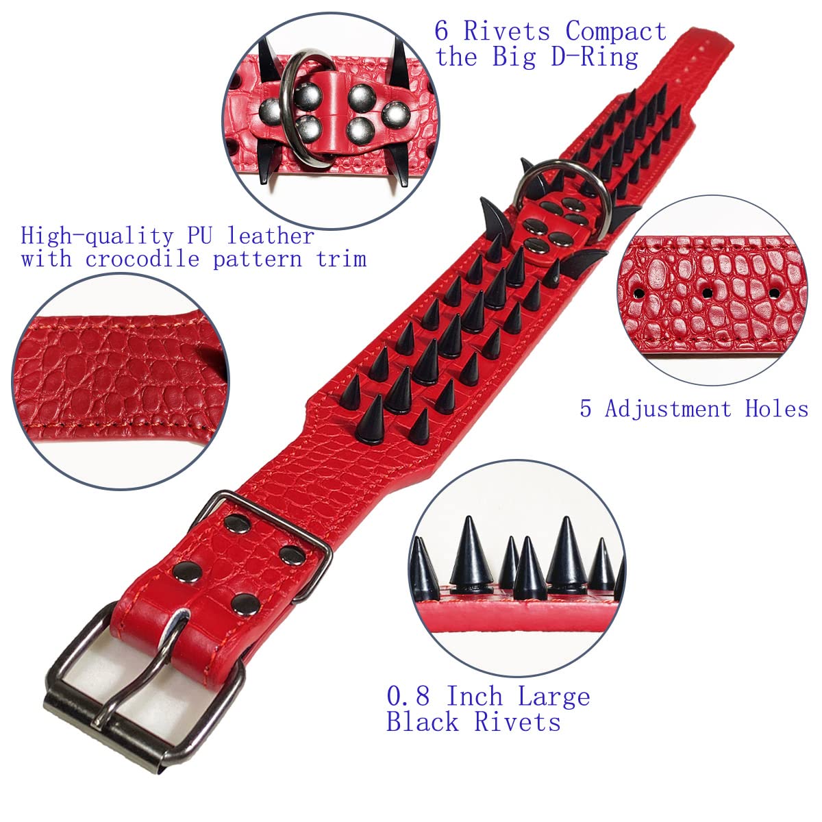 Kawagogo Spiked Studded Dog Collar With Large Sharp Spikes,2 Inch Wide Red Leather Dog Collar,Anti-Bite,Fit Large Medium Dogs,Pi