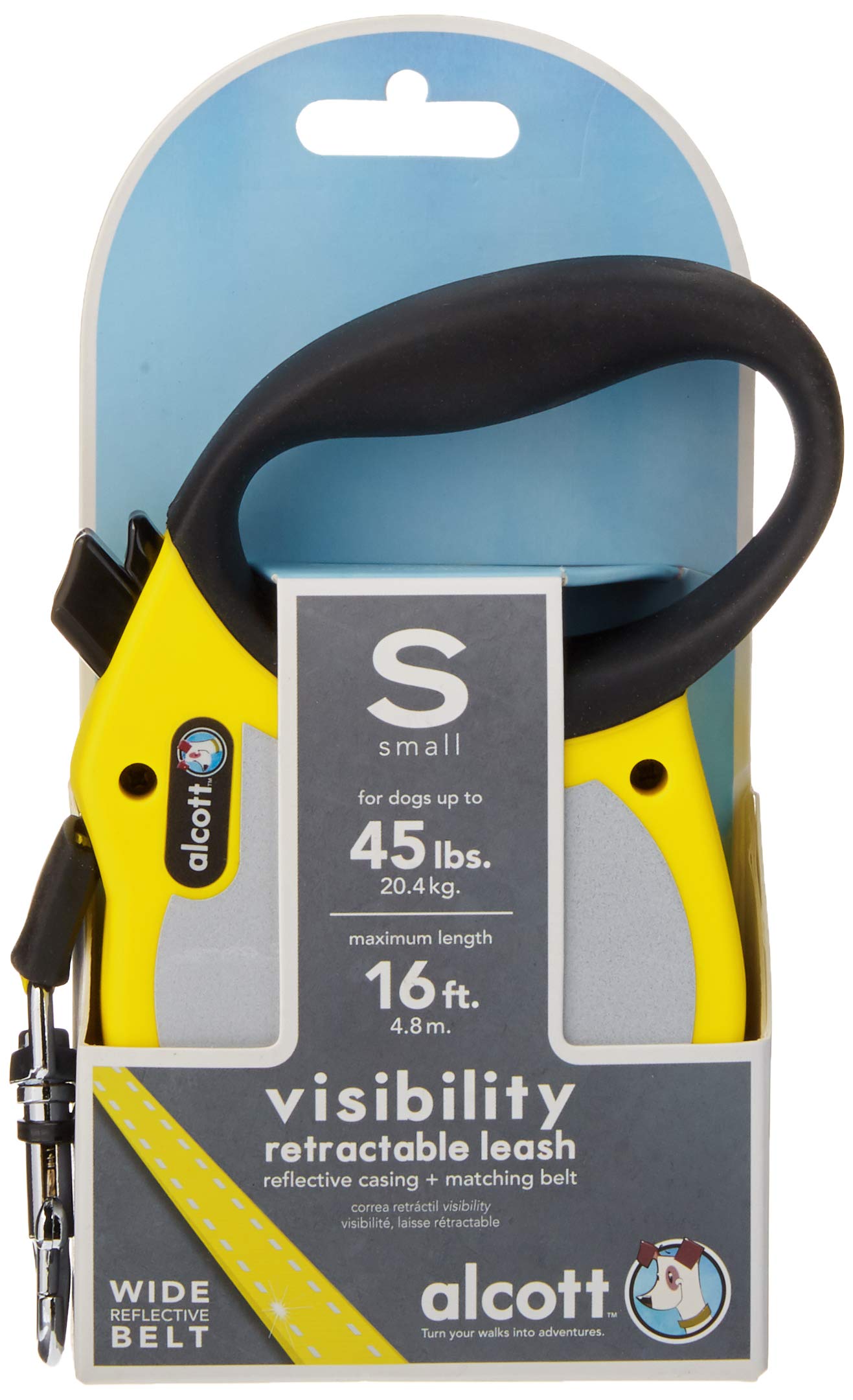 Alcott Visibility Retractable Reflective Belt Leash, 16' Long, Small For Dogs Up To 45 Lbs., Neon Yellow With Reflective Accents