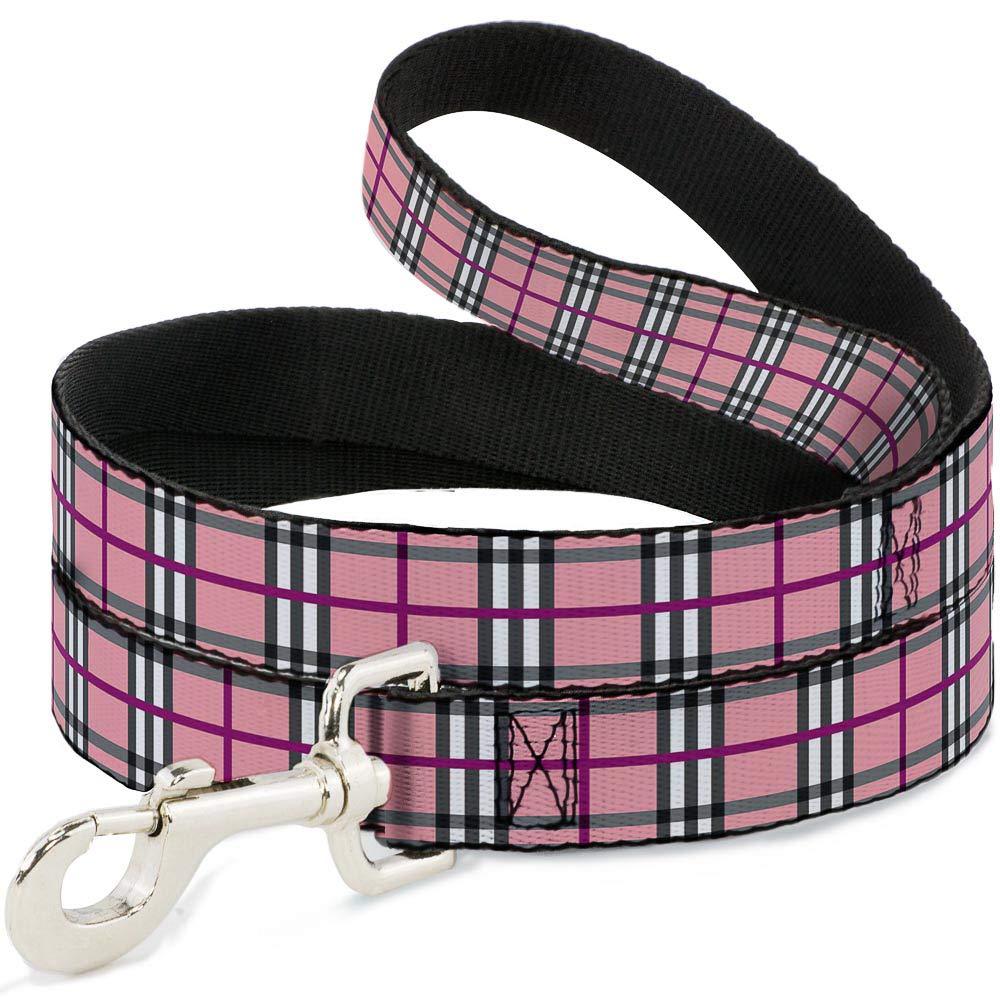 Buckle-Down Dog Leash Plaid Pink 6 Feet Long 0.5 Inch Wide