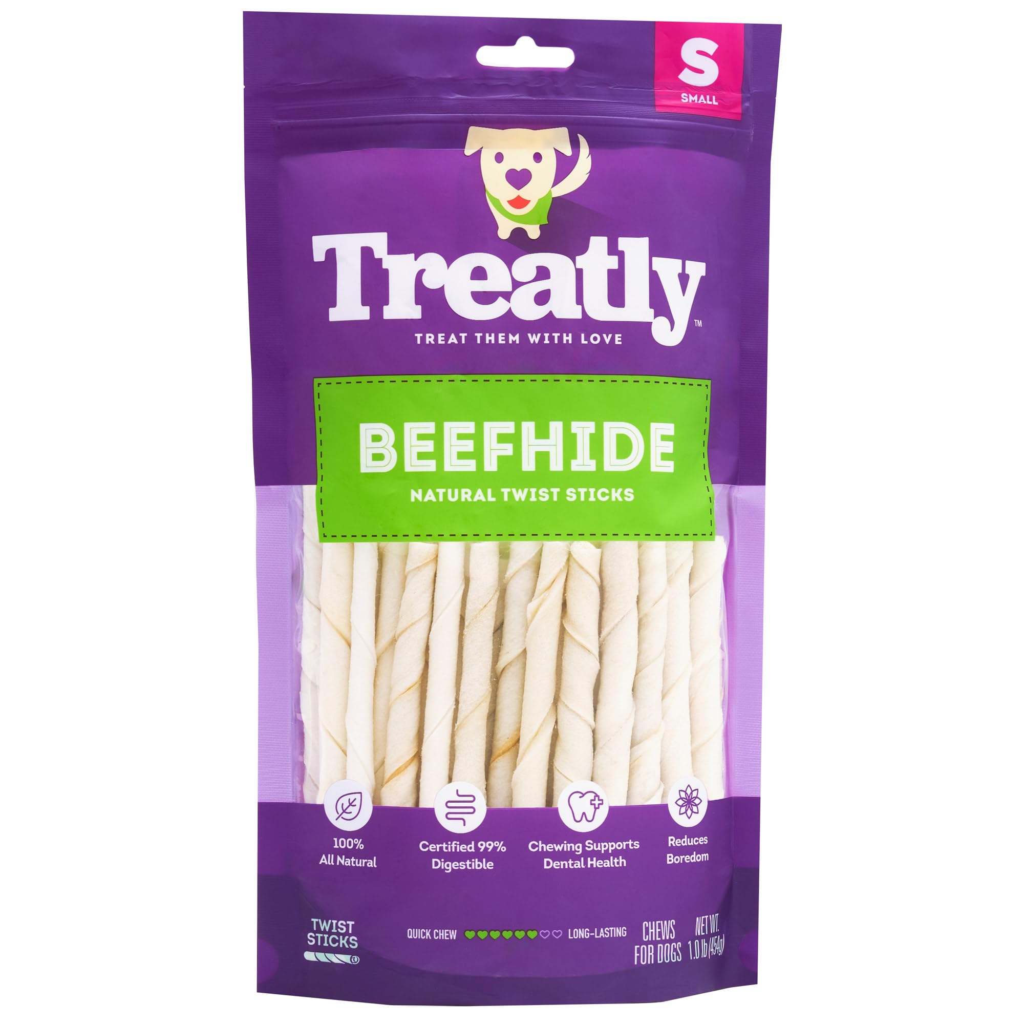 Treatly Beefhide Twist Sticks 5 Dog Chew Treats - Natural Flavor, 1 lb/1 Pack