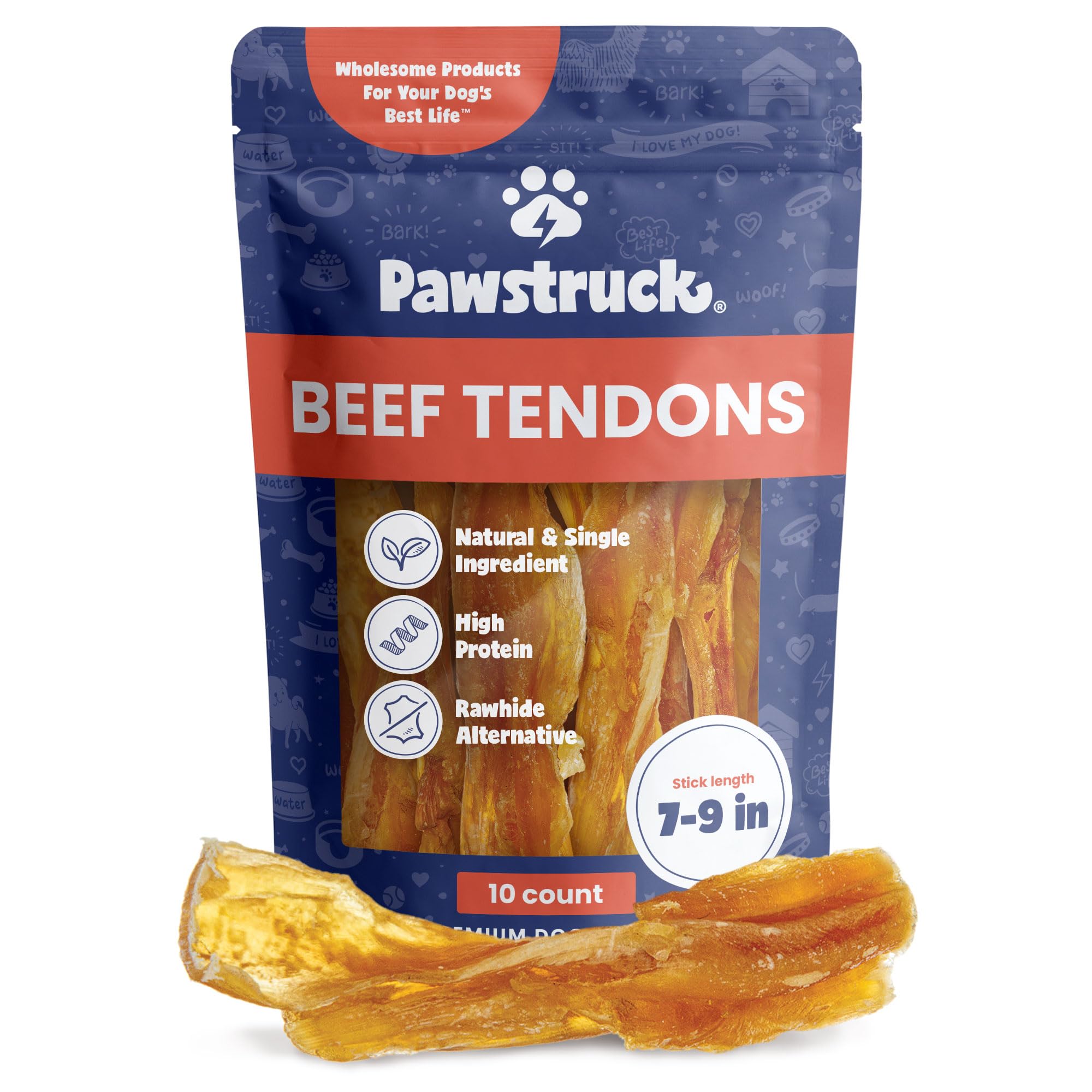 Pawstruck Natural 7-9 Beef Tendon Chew Sticks for Dogs - Premium Rawhide-Free Single Ingredient High Protein Low Odor Dental Tre