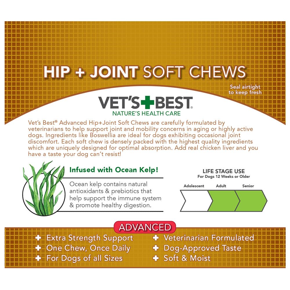 Vets Best Hip & Joint Soft Chew Dog Supplements | Formulated with Glucosamine & Chondroitin to Support Dog Joint & Cartilage He
